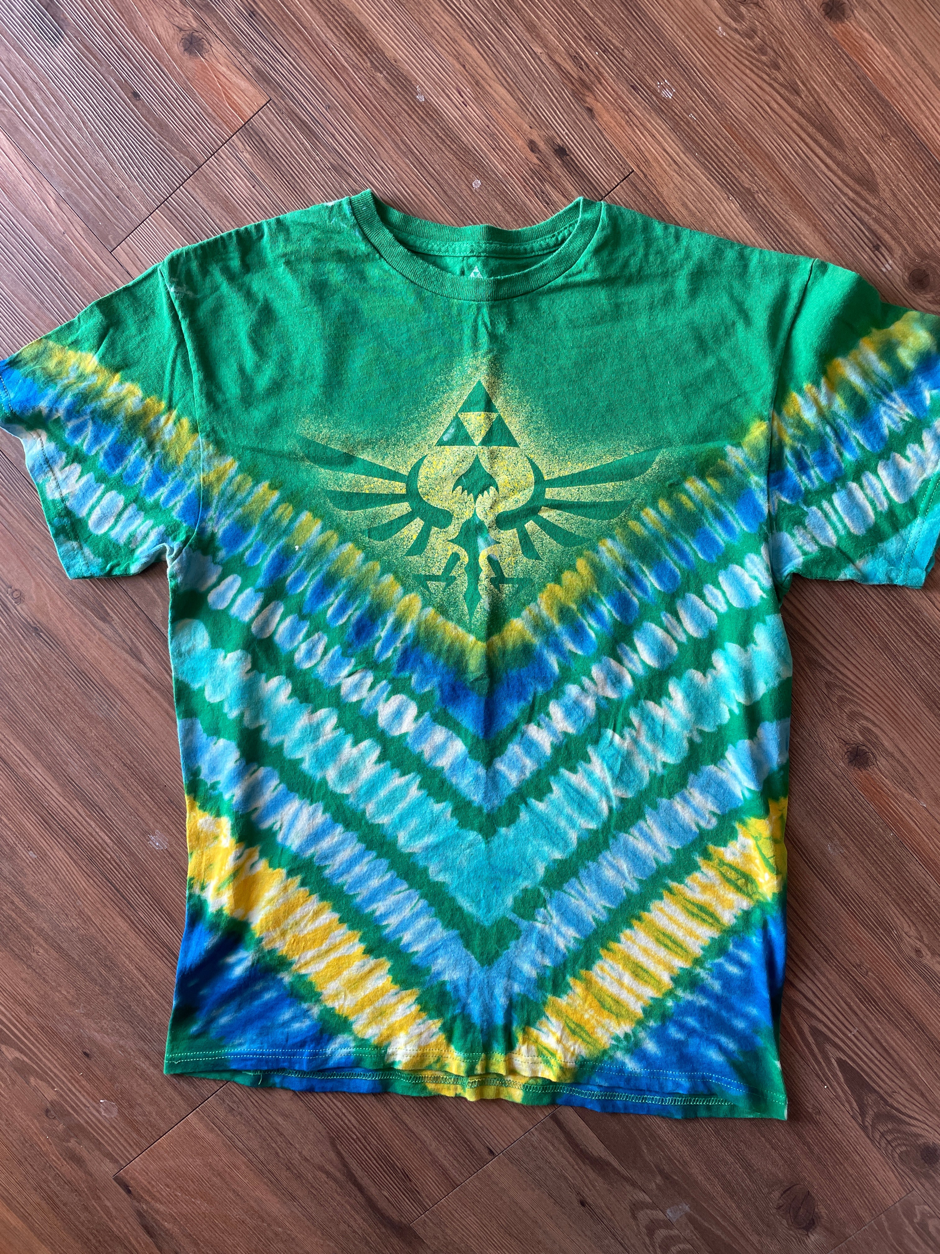 LARGE Men’s Legend of Zelda Tie Dye T-Shirt | Green, Blue, and Yellow Reverse Tie Dye Short Sleeve