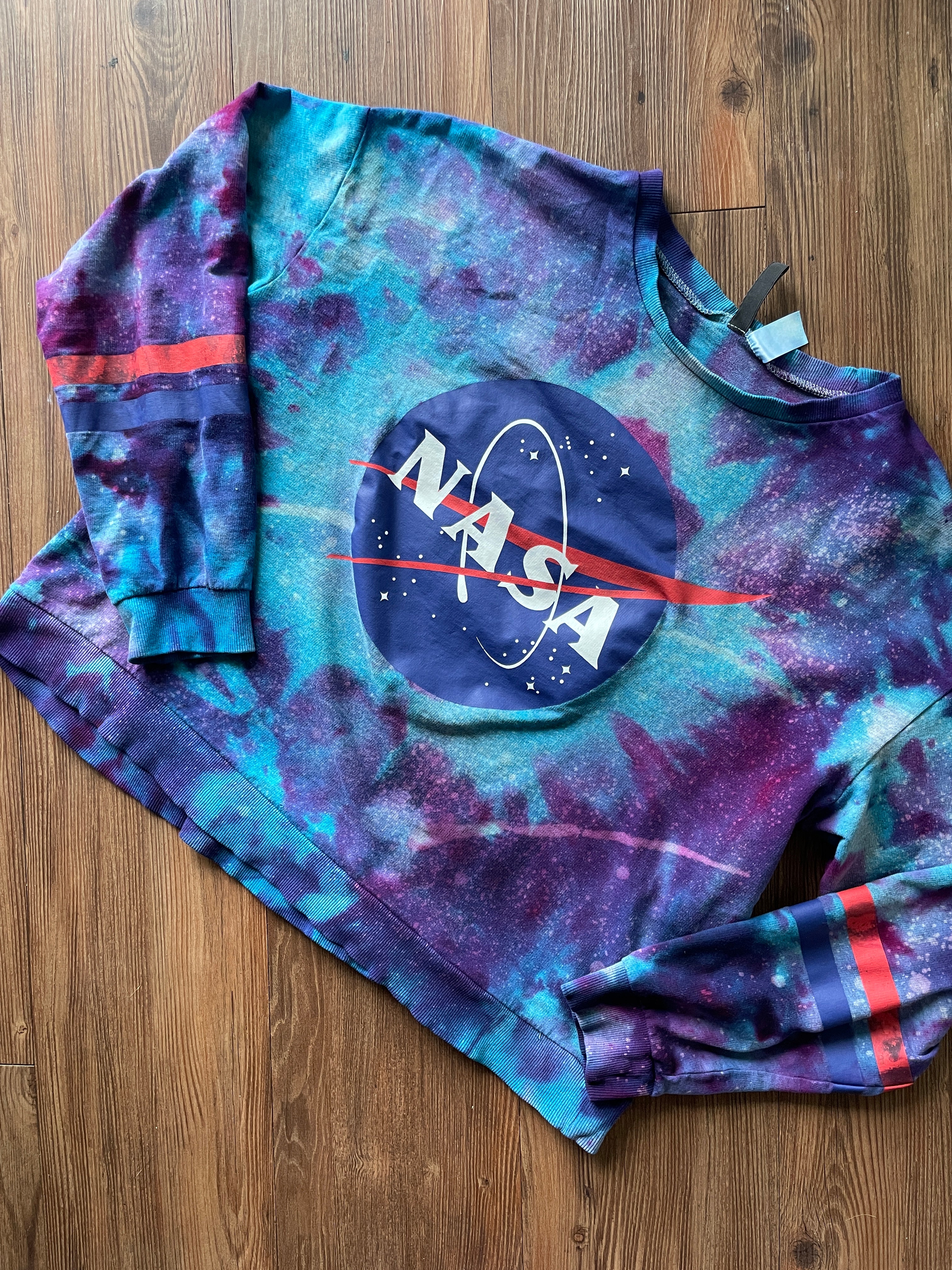 Large Women's NASA Handmade Tie Dye Cropped Sweatshirt | Blue, Purple, and Pink Galaxy Ice Dye Tie Dye Short Sleeve