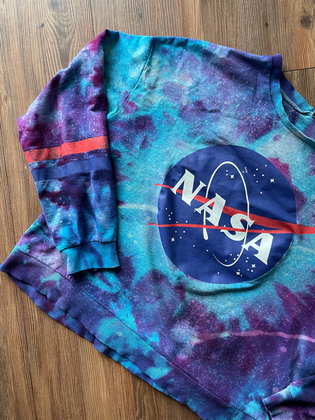 Large Women's NASA Handmade Tie Dye Cropped Sweatshirt | Blue, Purple, and Pink Galaxy Ice Dye Tie Dye Short Sleeve
