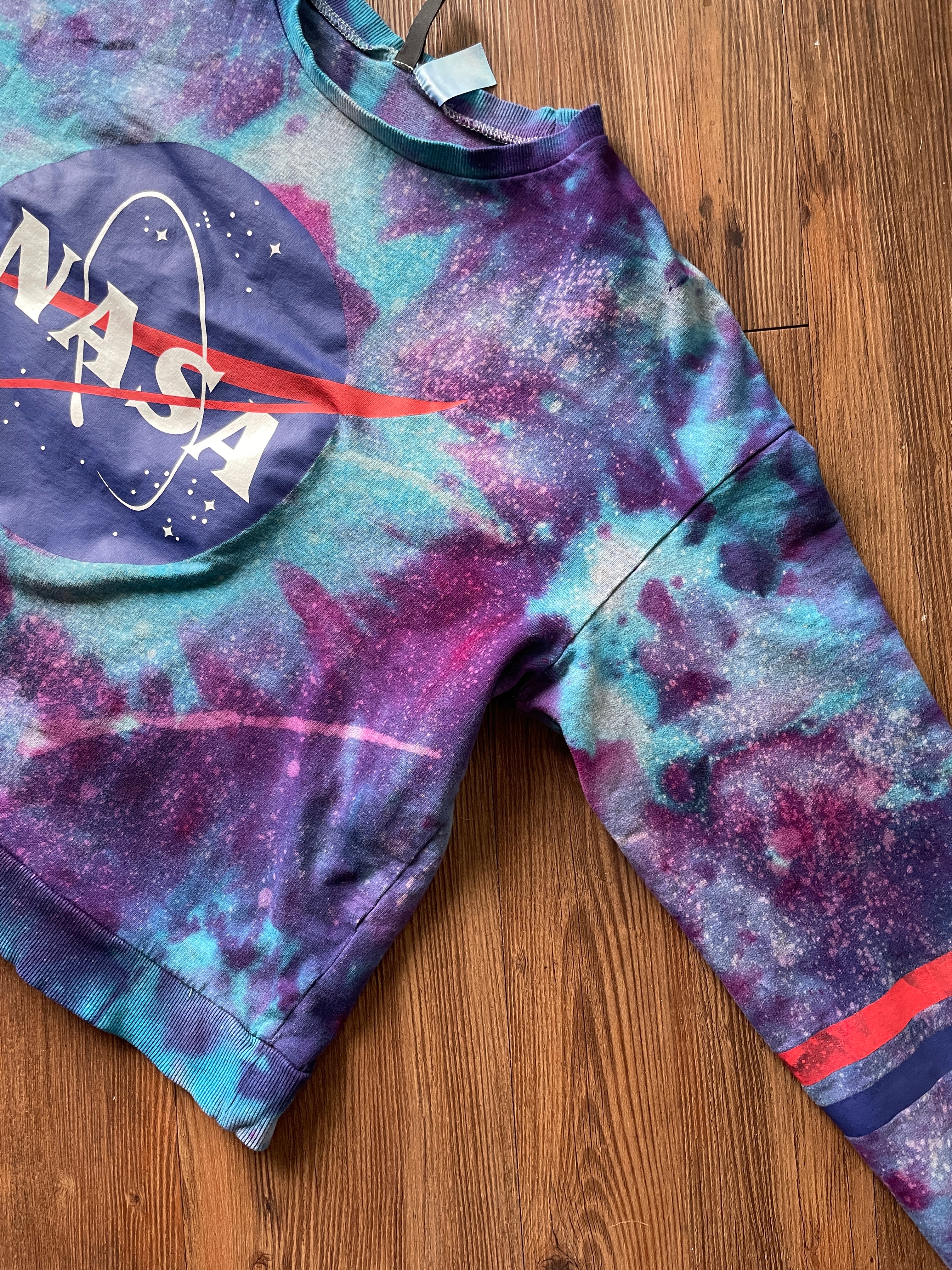 Large Women's NASA Handmade Tie Dye Cropped Sweatshirt | Blue, Purple, and Pink Galaxy Ice Dye Tie Dye Short Sleeve