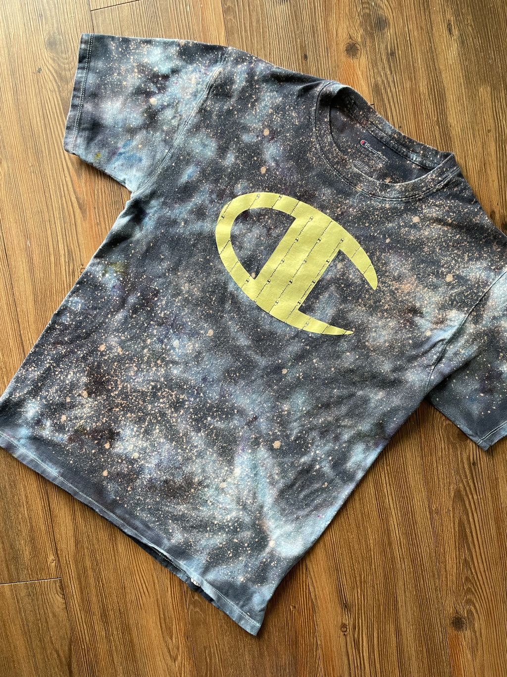 Medium Men’s Champion Handmade Tie Dye T-Shirt | Blue, Black and Gray Marble Ice Dye Tie Dye Short Sleeve