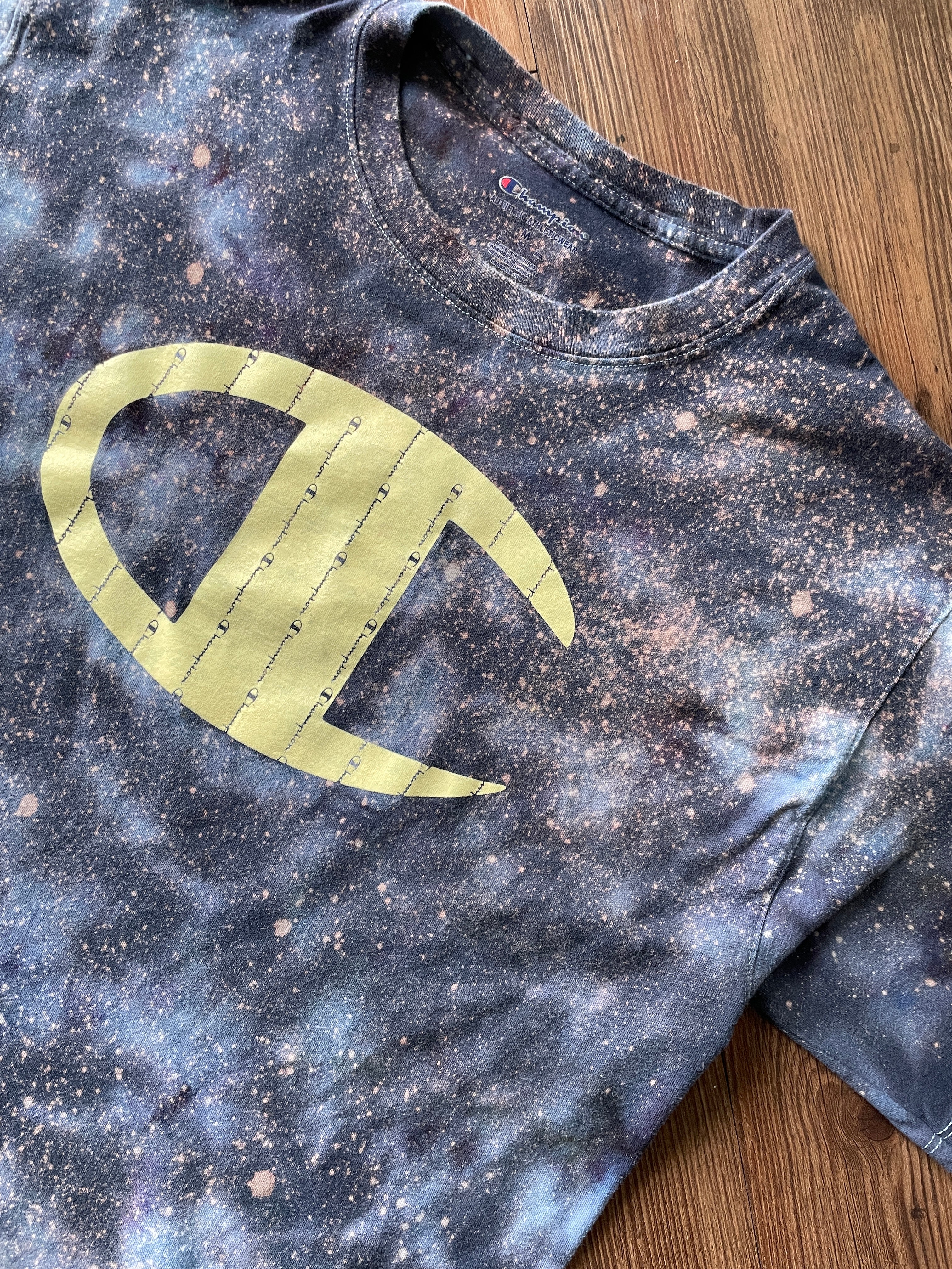 Medium Men’s Champion Handmade Tie Dye T-Shirt | Blue, Black and Gray Marble Ice Dye Tie Dye Short Sleeve