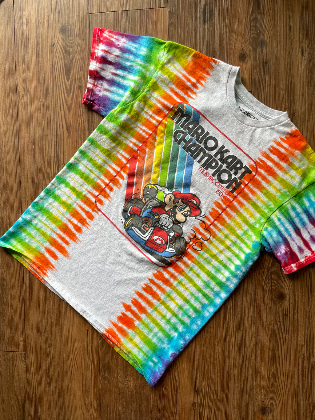 Medium Men’s Mario Kart Handmade Tie Dye T-Shirt | Rainbow Road Pleated Tie Dye Short Sleeve