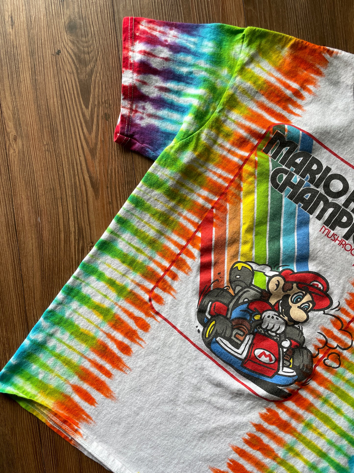 Medium Men’s Mario Kart Handmade Tie Dye T-Shirt | Rainbow Road Pleated Tie Dye Short Sleeve
