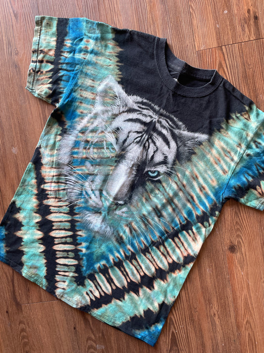 MEDIUM Men’s Tiger Stripes Tie Dye T-Shirt | Black and Blue Stripes Reverse Tie Dye Short Sleeve