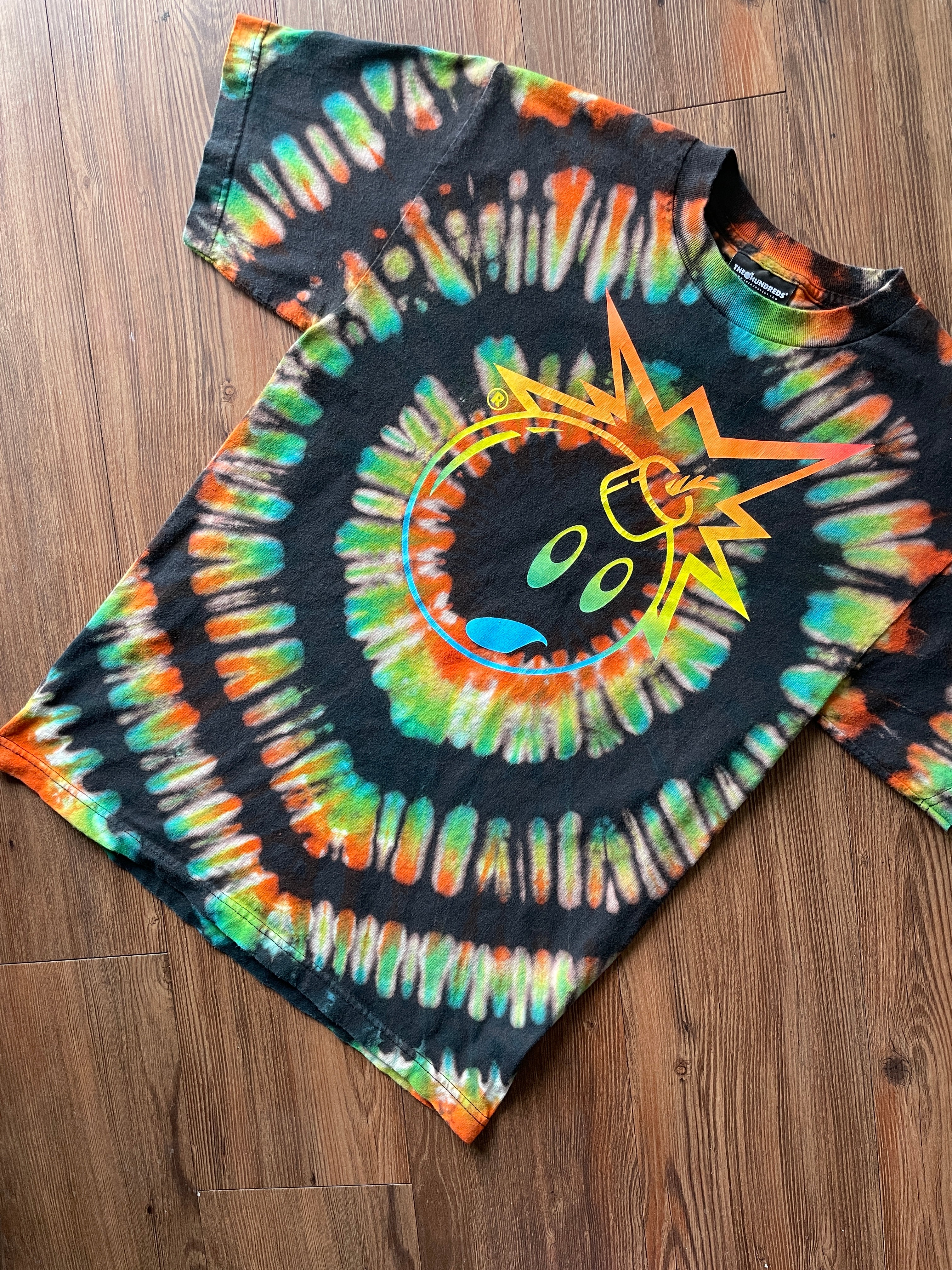 Medium Men’s The Hundreds Bomb Handmade Tie Dye T-Shirt | Black, Blue, and Orange Pleated Tie Dye Short Sleeve