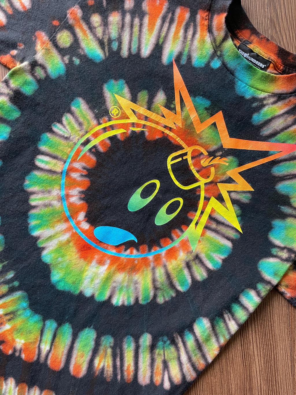 Medium Men’s The Hundreds Bomb Handmade Tie Dye T-Shirt | Black, Blue, and Orange Pleated Tie Dye Short Sleeve