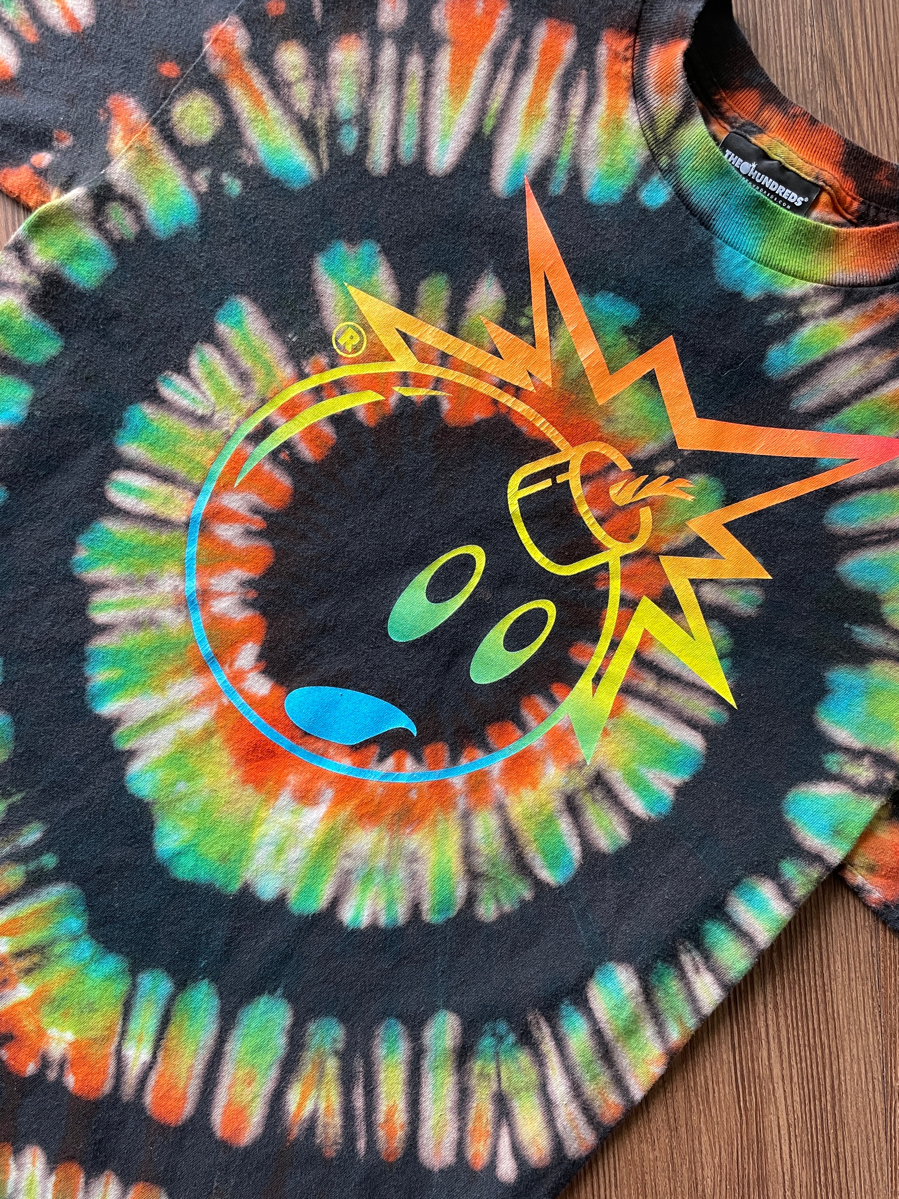 Medium Men’s The Hundreds Bomb Handmade Tie Dye T-Shirt | Black, Blue, and Orange Pleated Tie Dye Short Sleeve