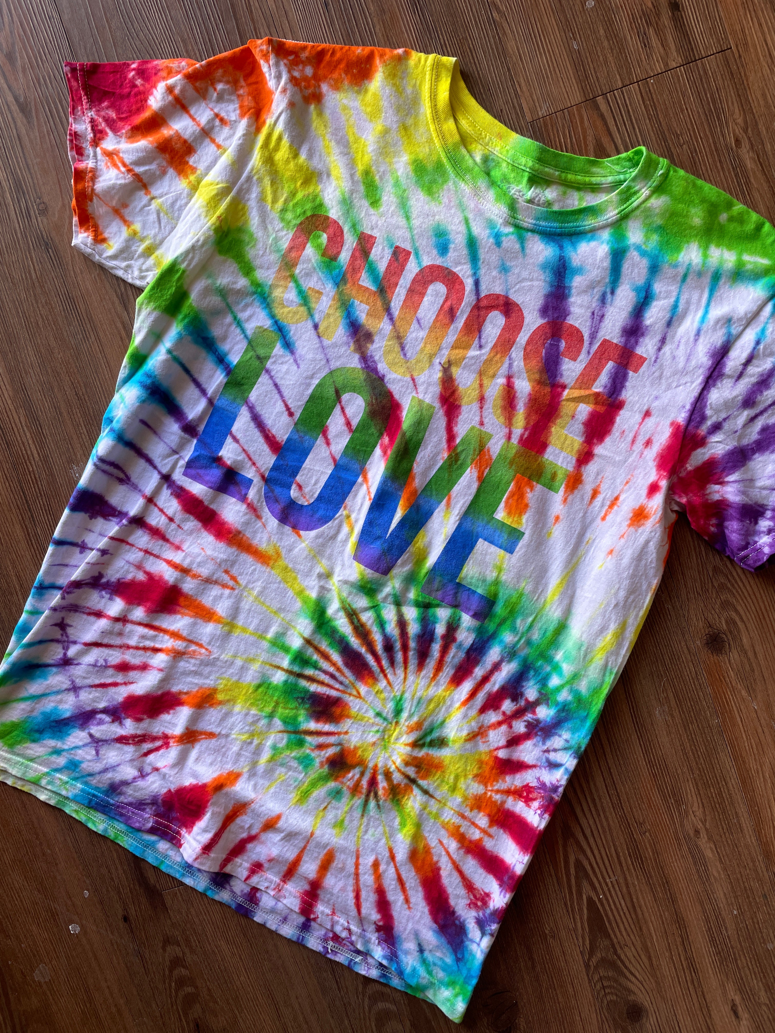 LARGE Men’s Choose Love Rainbow Tie Dye T-Shirt | Good Vibes Tie Dye Short Sleeve