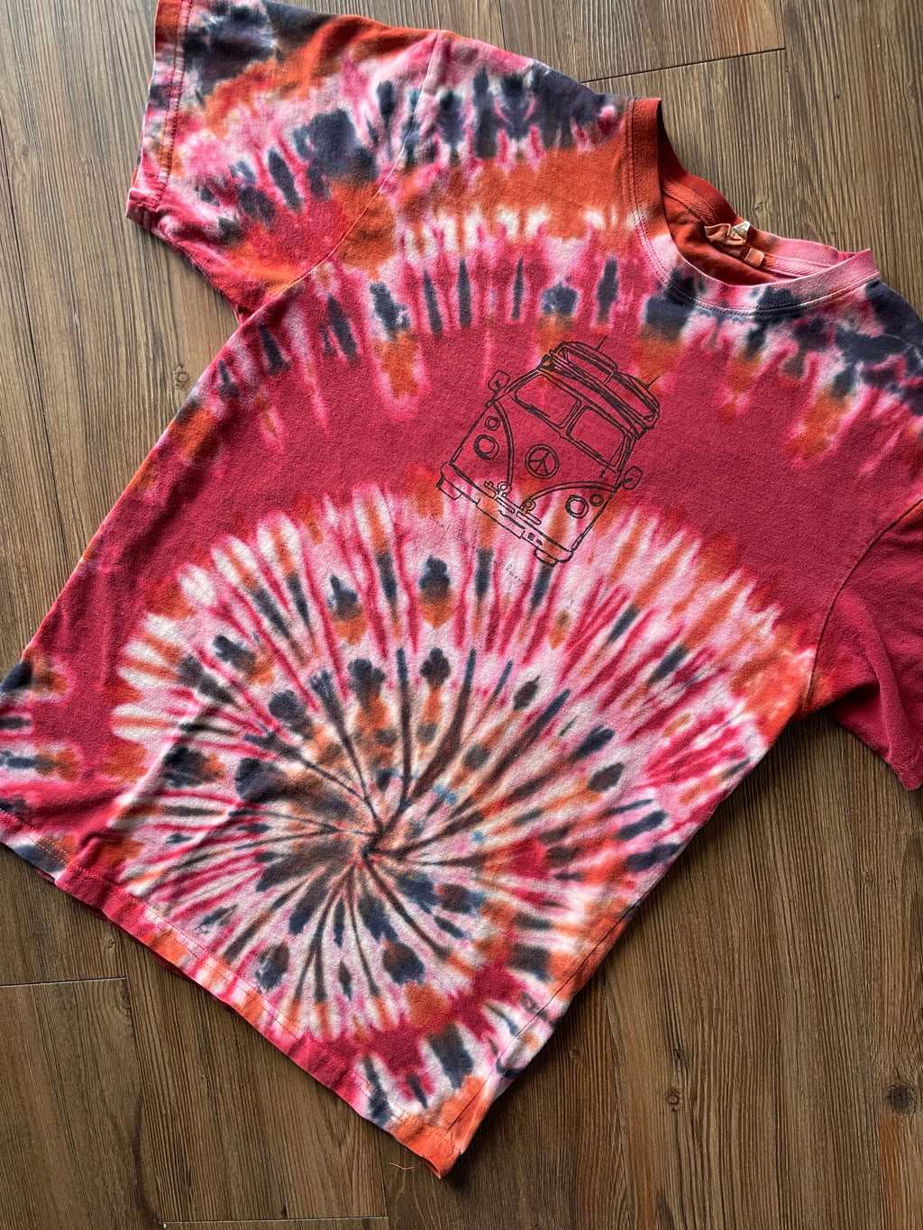 Small Men’s VW Bus Seal Beach, California Handmade Tie Dye T-Shirt | Black, Red, and White Spiral Tie Dye Short Sleeve