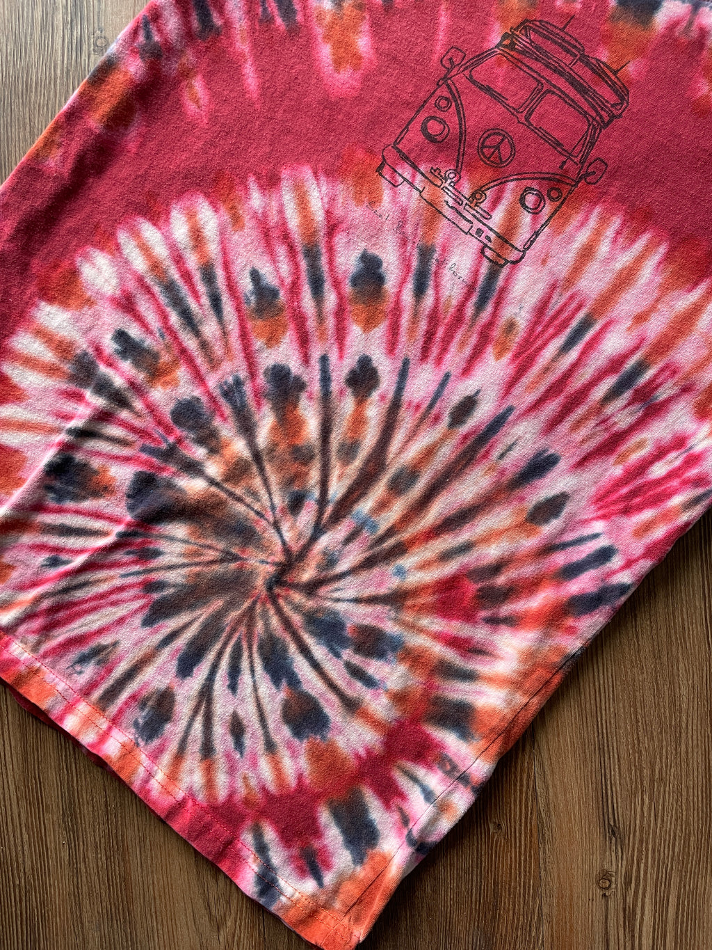 Small Men’s VW Bus Seal Beach, California Handmade Tie Dye T-Shirt | Black, Red, and White Spiral Tie Dye Short Sleeve