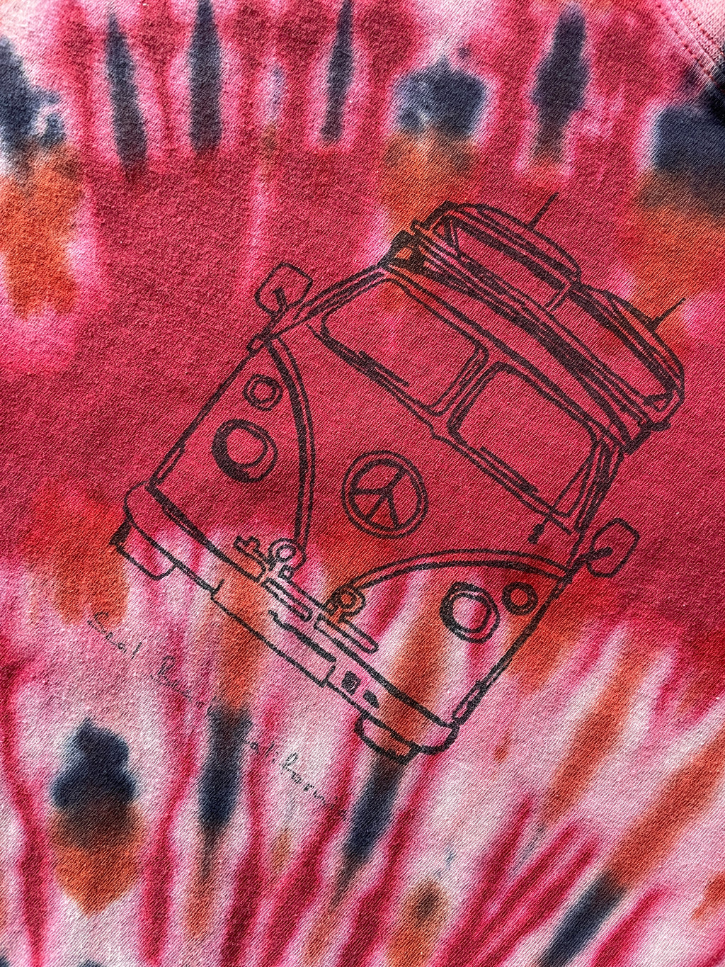 Small Men’s VW Bus Seal Beach, California Handmade Tie Dye T-Shirt | Black, Red, and White Spiral Tie Dye Short Sleeve