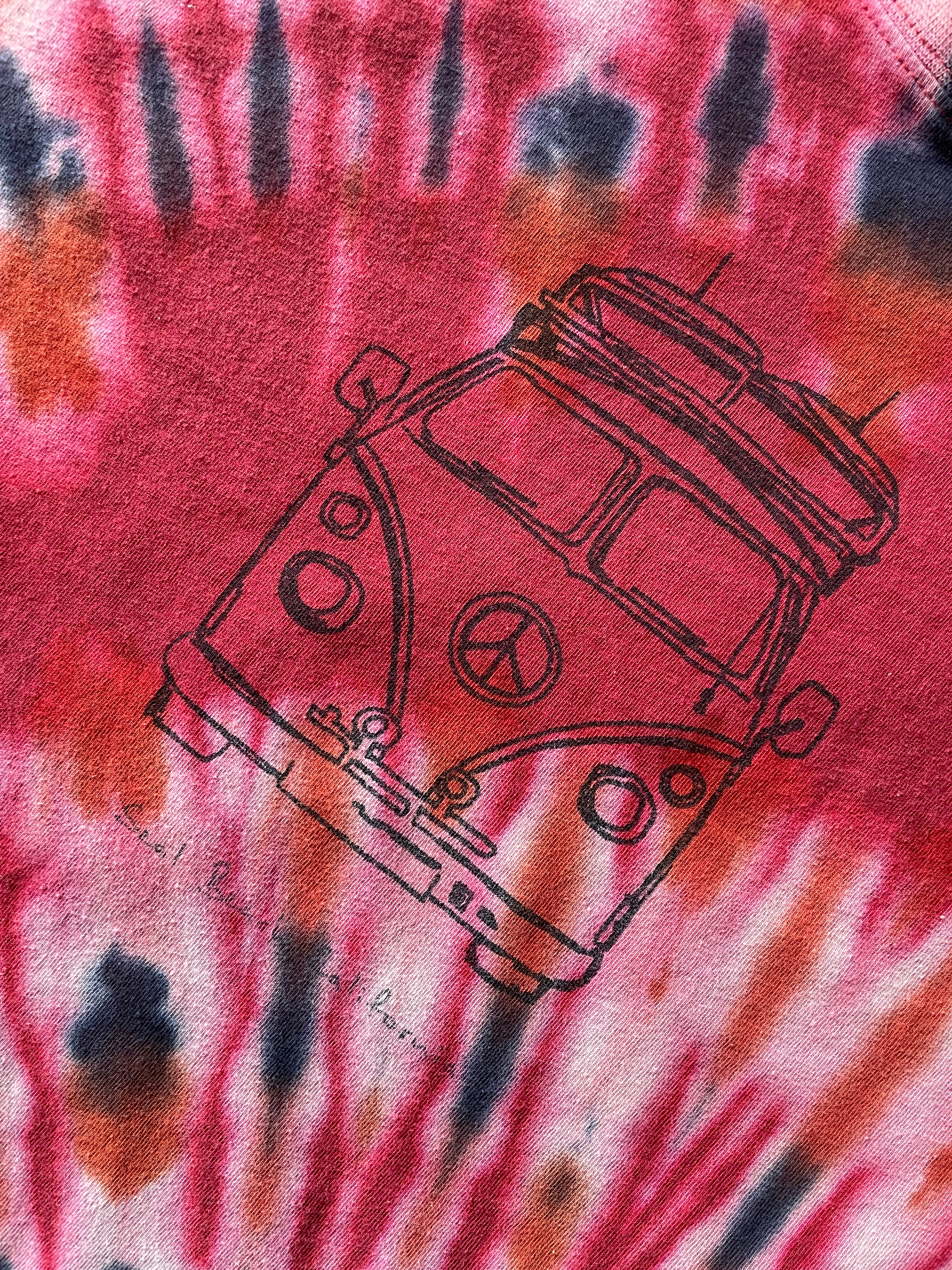 Small Men’s VW Bus Seal Beach, California Handmade Tie Dye T-Shirt | Black, Red, and White Spiral Tie Dye Short Sleeve