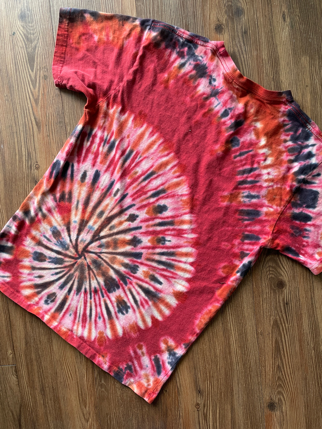 Small Men’s VW Bus Seal Beach, California Handmade Tie Dye T-Shirt | Black, Red, and White Spiral Tie Dye Short Sleeve