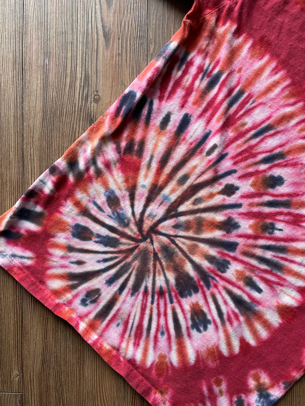 Small Men’s VW Bus Seal Beach, California Handmade Tie Dye T-Shirt | Black, Red, and White Spiral Tie Dye Short Sleeve