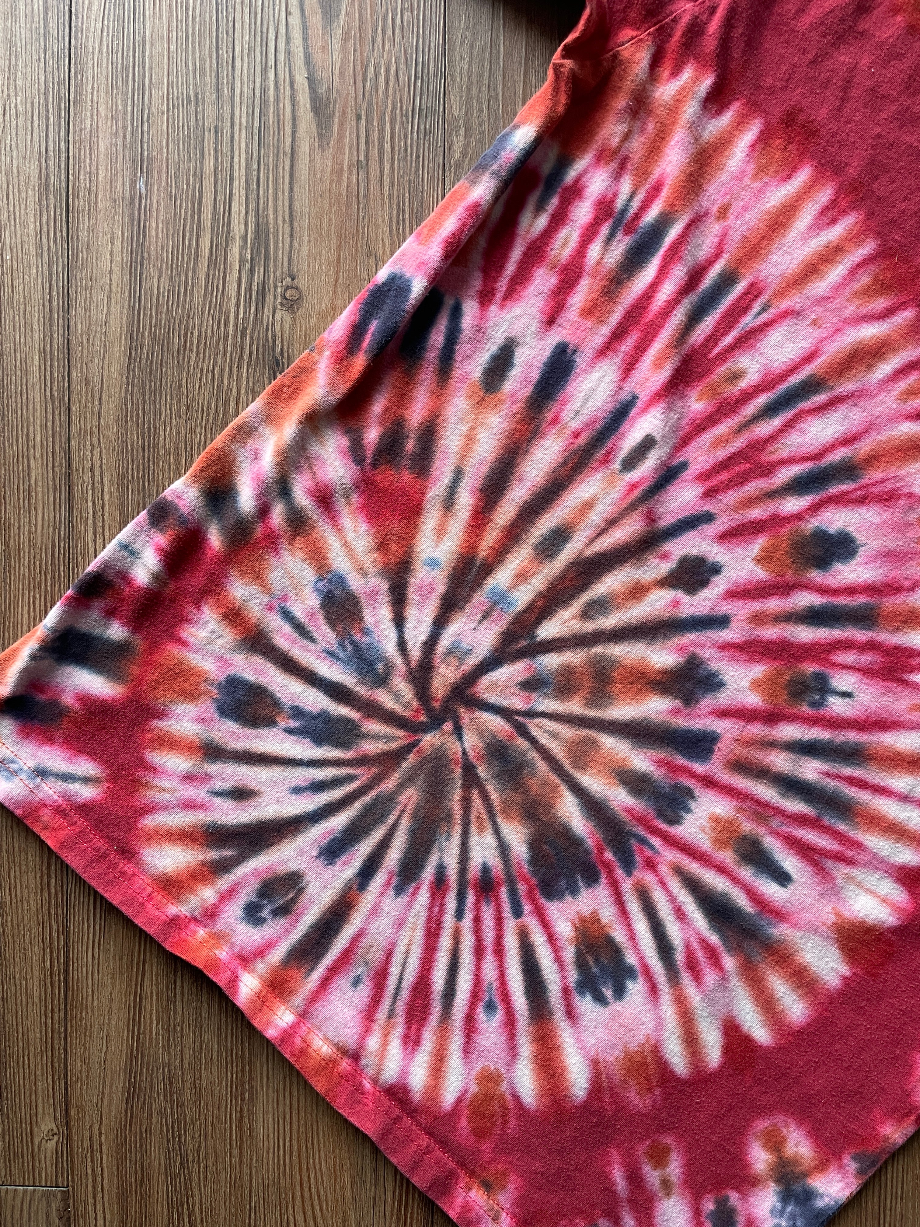 Small Men’s VW Bus Seal Beach, California Handmade Tie Dye T-Shirt | Black, Red, and White Spiral Tie Dye Short Sleeve