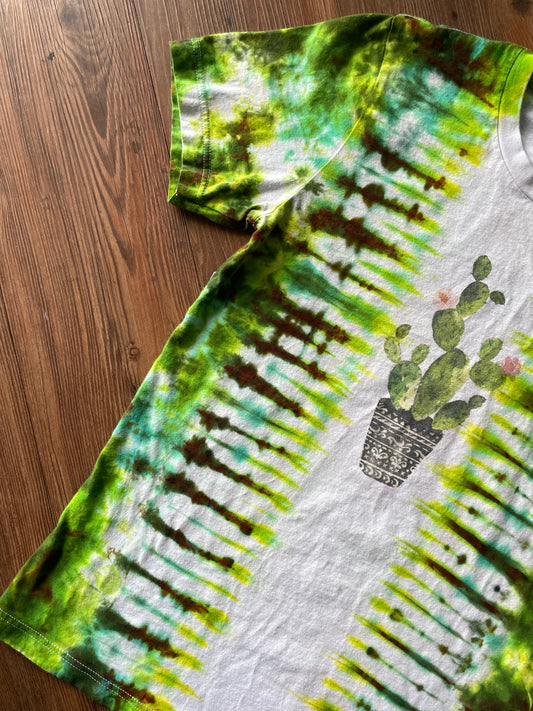 Medium Men’s Cactus Handmade Tie Dye T-Shirt | White, Green, and Brown Pleated Tie Dye Short Sleeve