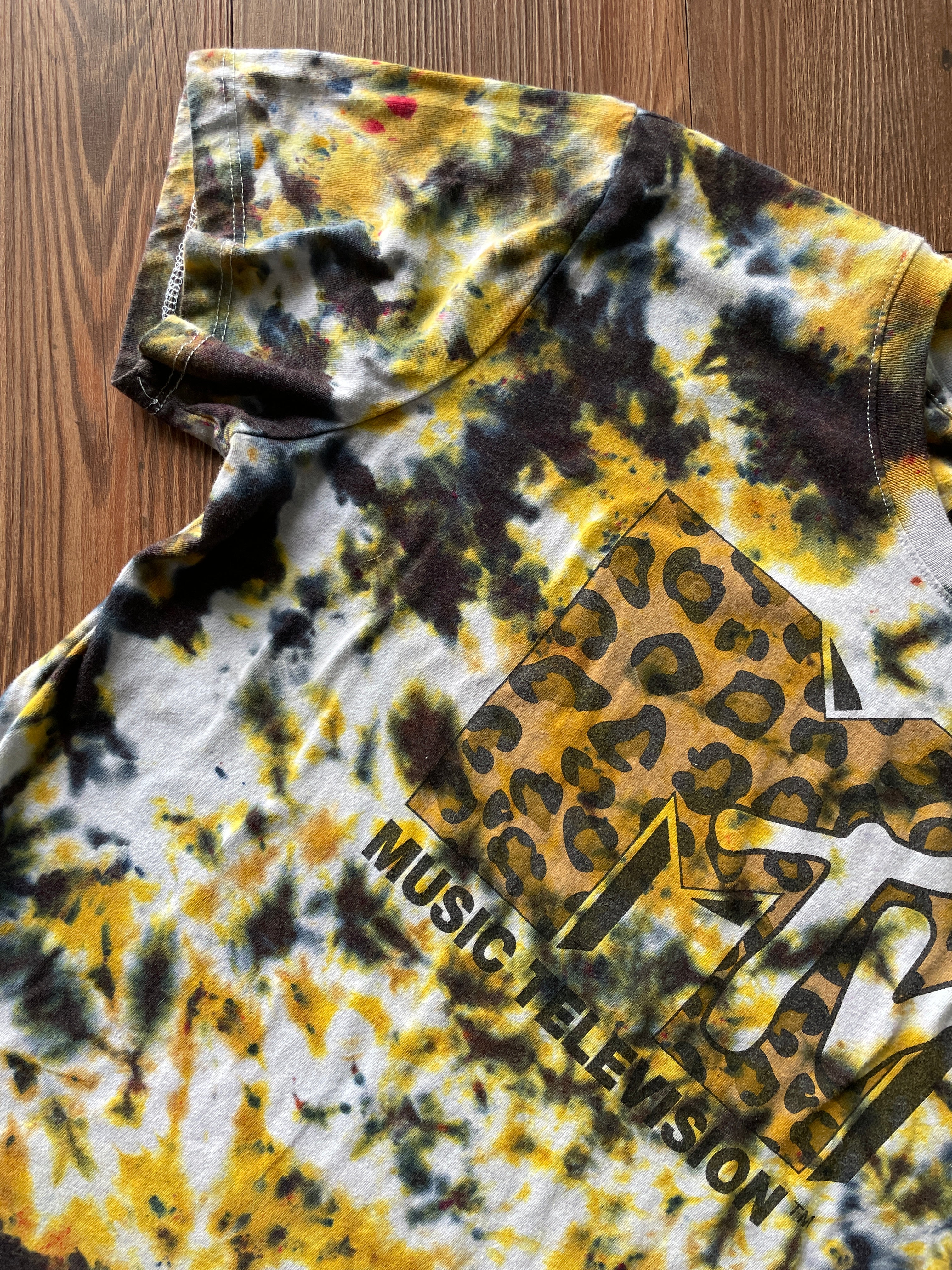 XL Women’s MTV Leopard Print Handmade Tie Dye T-Shirt | Music Television Black and Brown Crumpled Tie Dye Short Sleeve