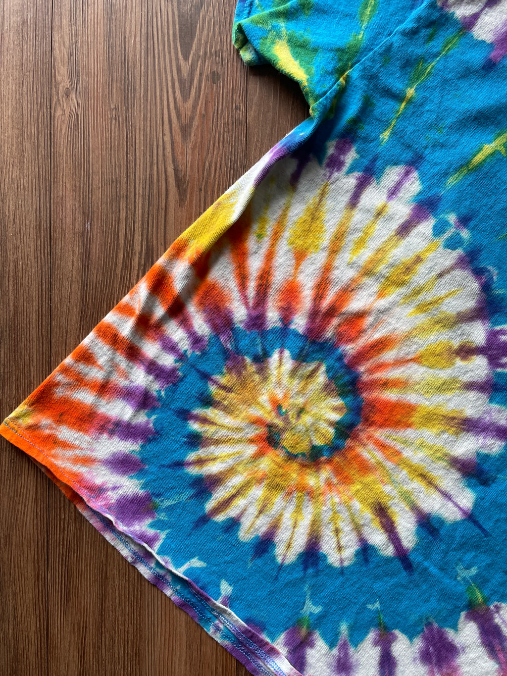 Medium Men’s MTV Handmade Tie Dye T-Shirt | Blue, Red, and Yellow Spiral Reverse Tie Dye Short Sleeve