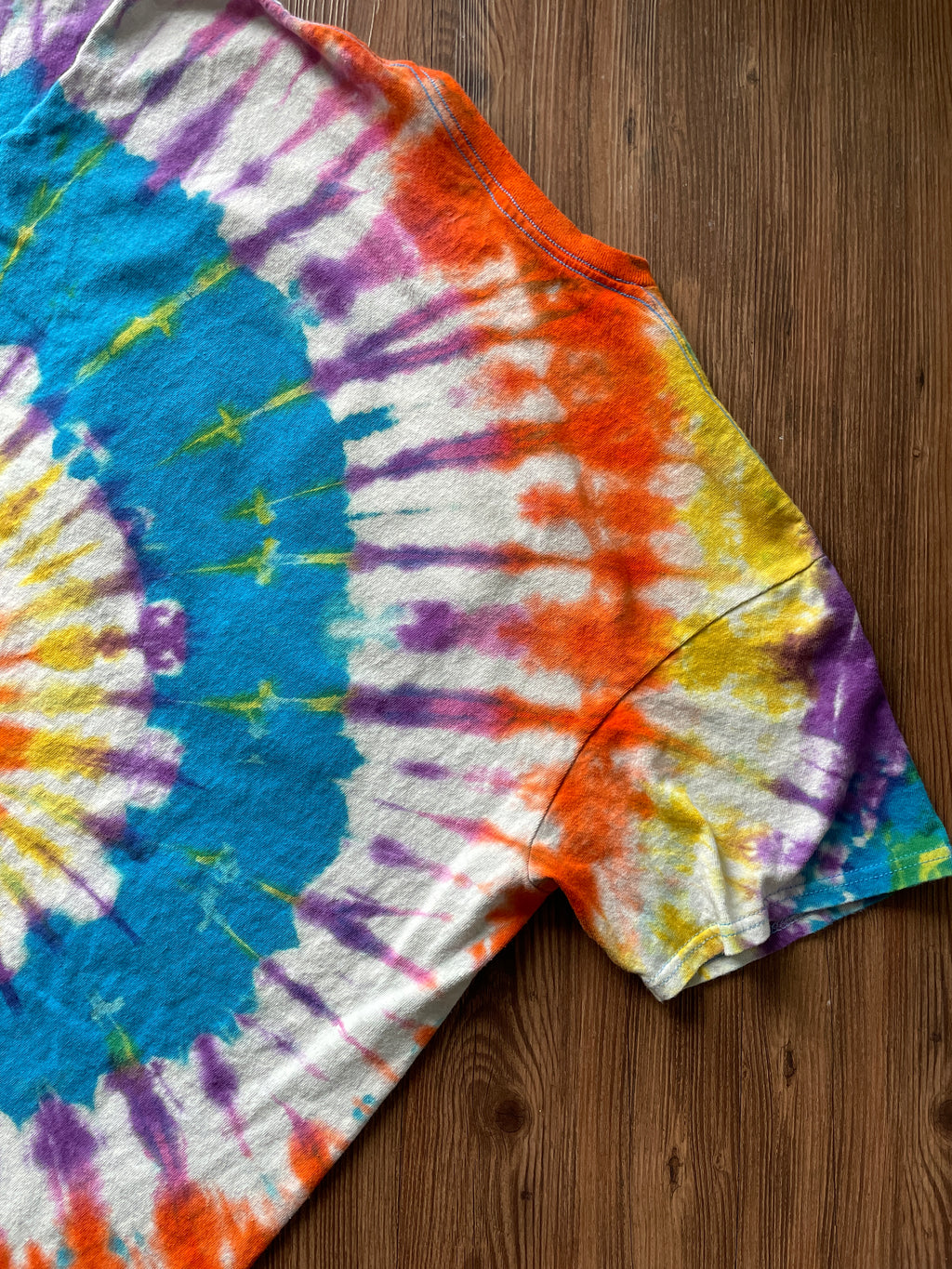 Medium Men’s MTV Handmade Tie Dye T-Shirt | Blue, Red, and Yellow Spiral Reverse Tie Dye Short Sleeve