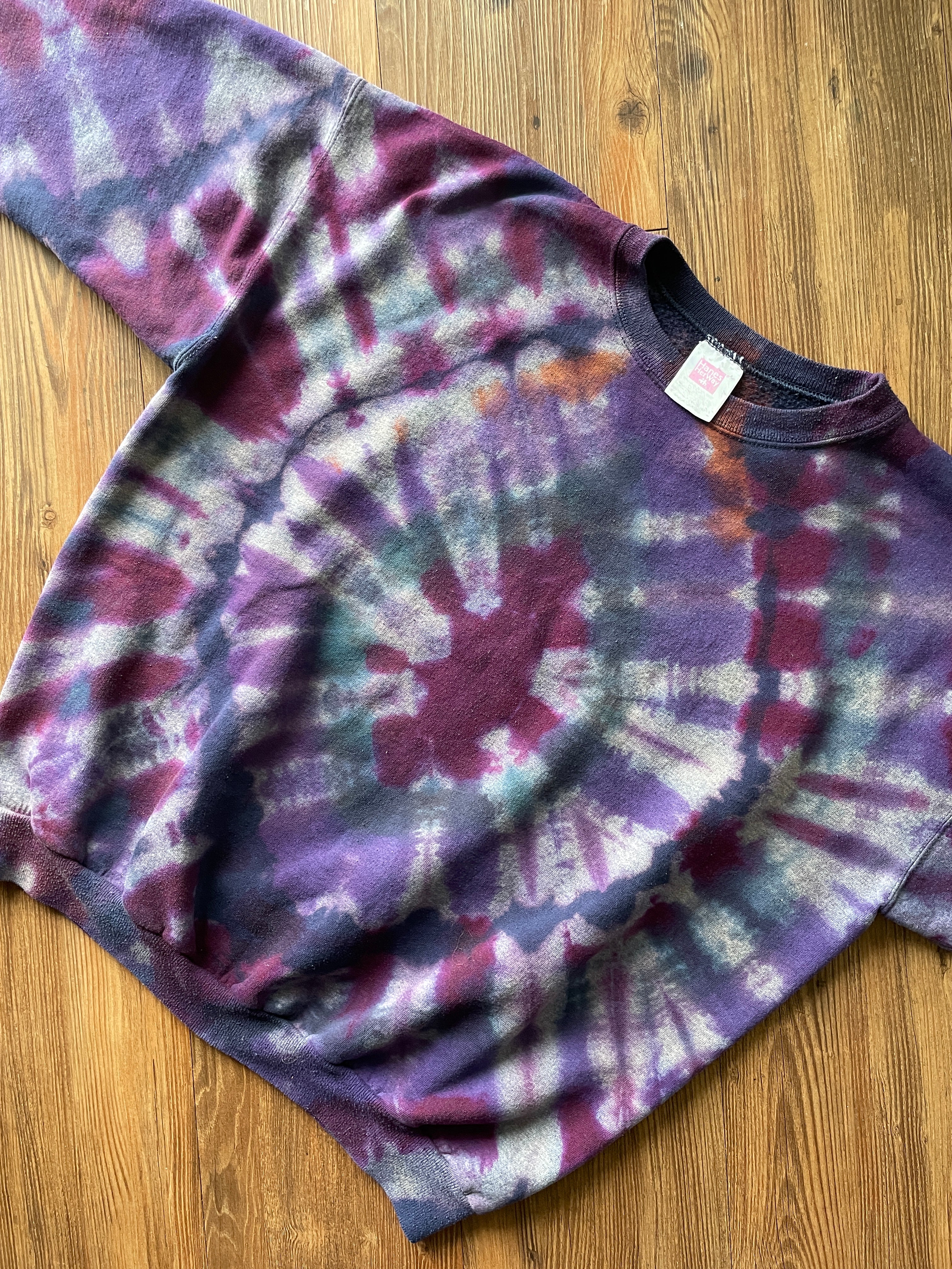 Large Women's Handmade Tie Dye Crewneck Sweatshirt | Blue, Purple, and Pink Pleated Tie Dye Long Sleeve