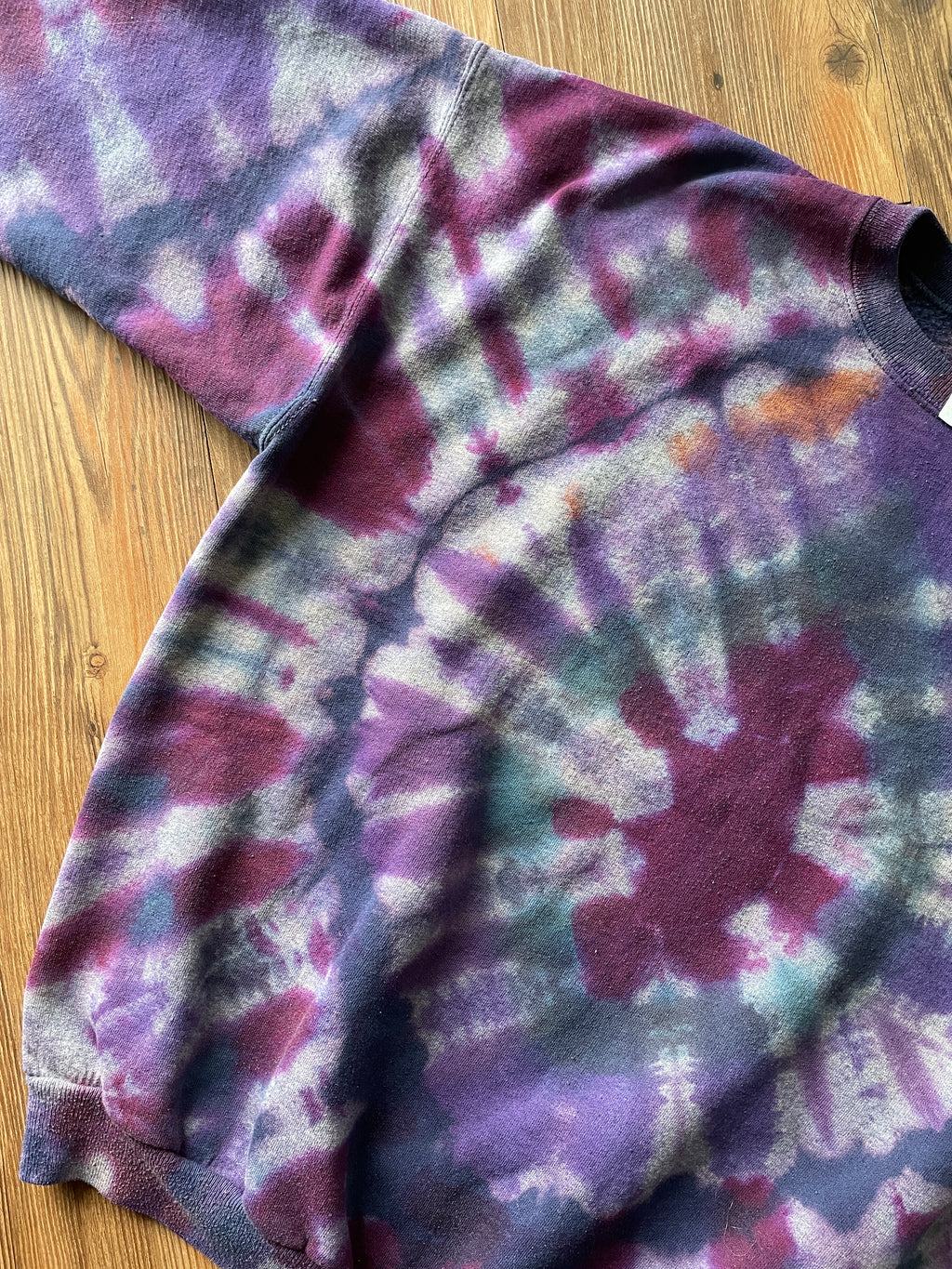 Large Women's Handmade Tie Dye Crewneck Sweatshirt | Blue, Purple, and Pink Pleated Tie Dye Long Sleeve