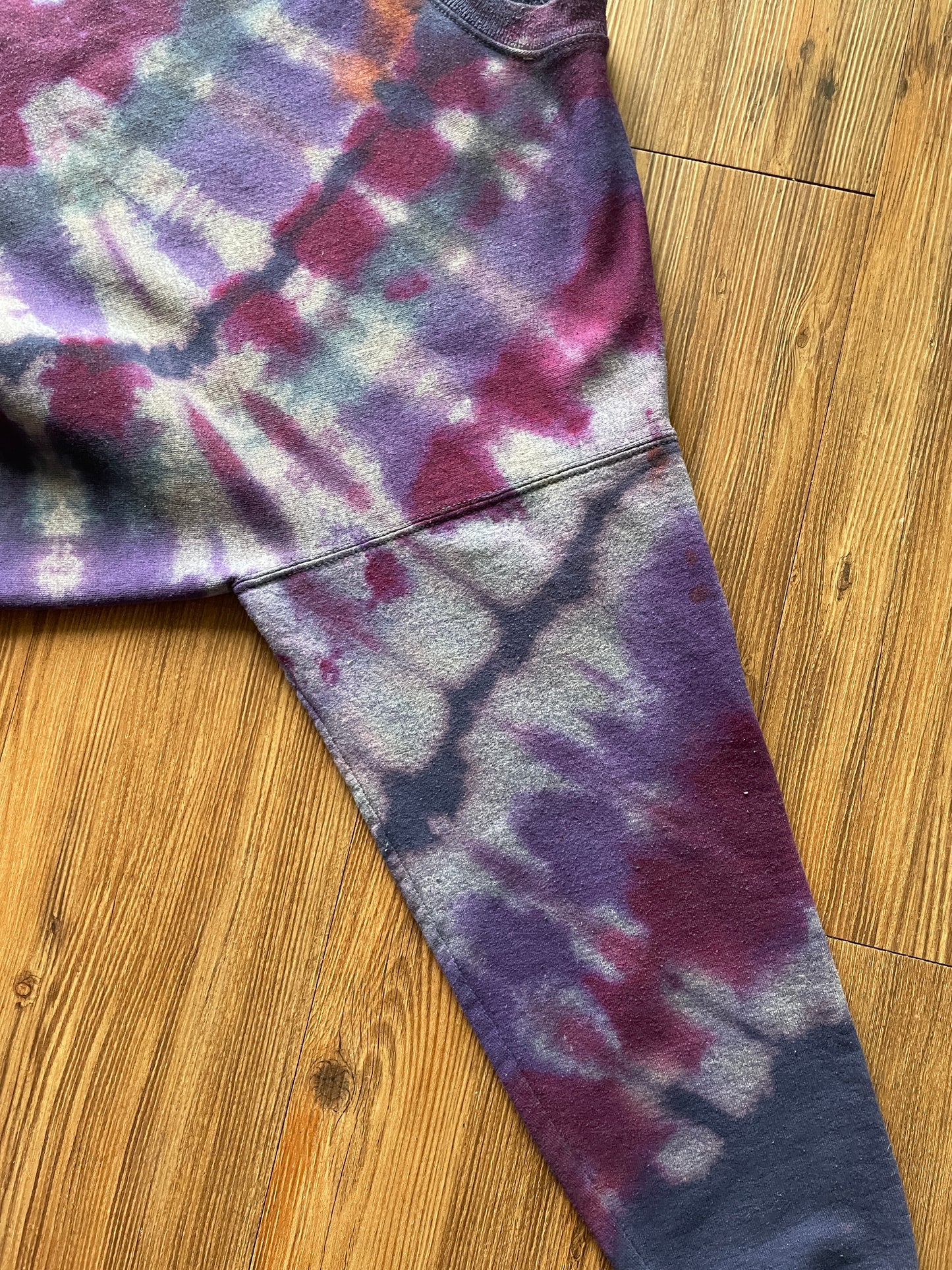 Large Women's Handmade Tie Dye Crewneck Sweatshirt | Blue, Purple, and Pink Pleated Tie Dye Long Sleeve
