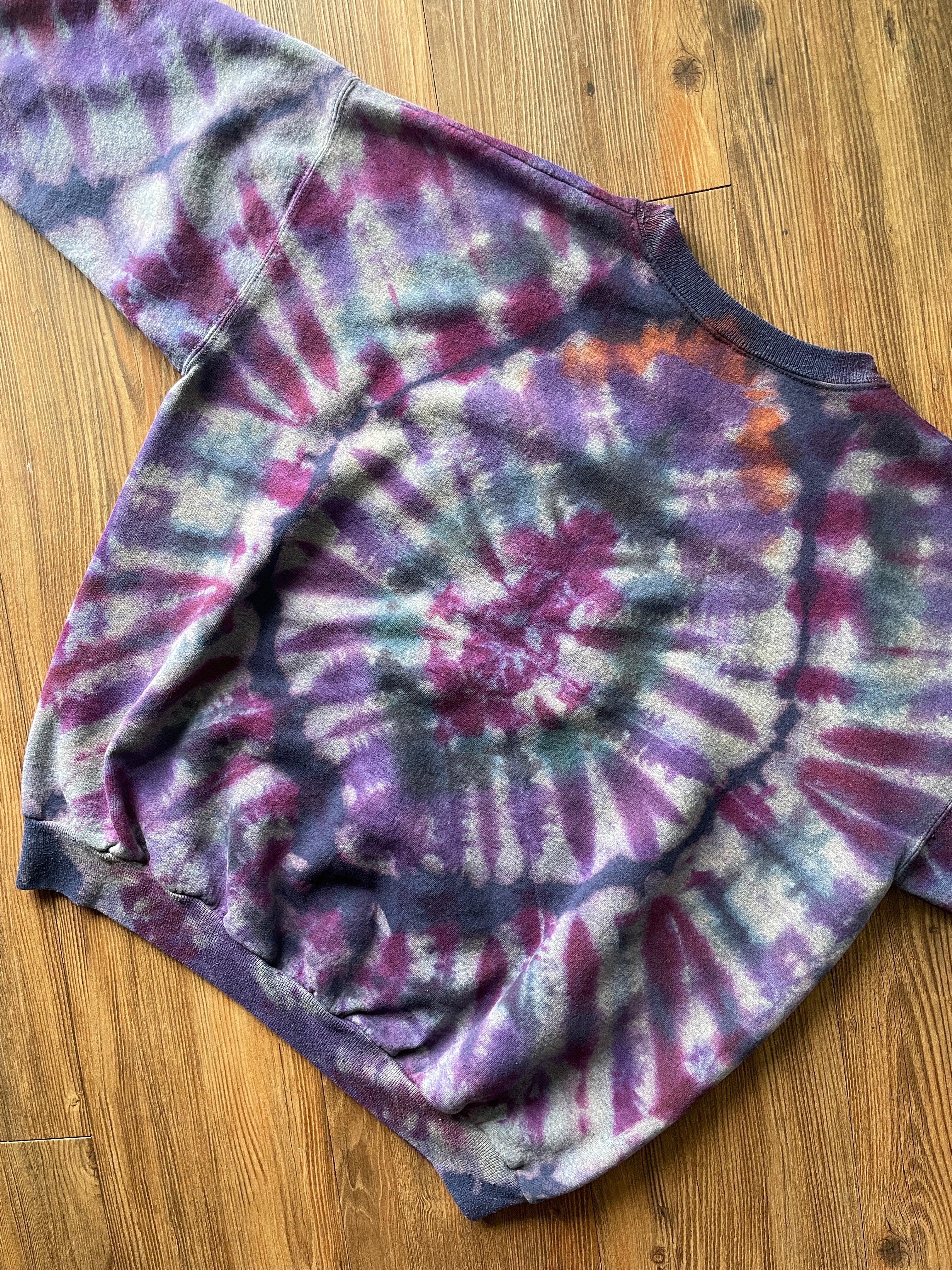 Large Women's Handmade Tie Dye Crewneck Sweatshirt | Blue, Purple, and Pink Pleated Tie Dye Long Sleeve