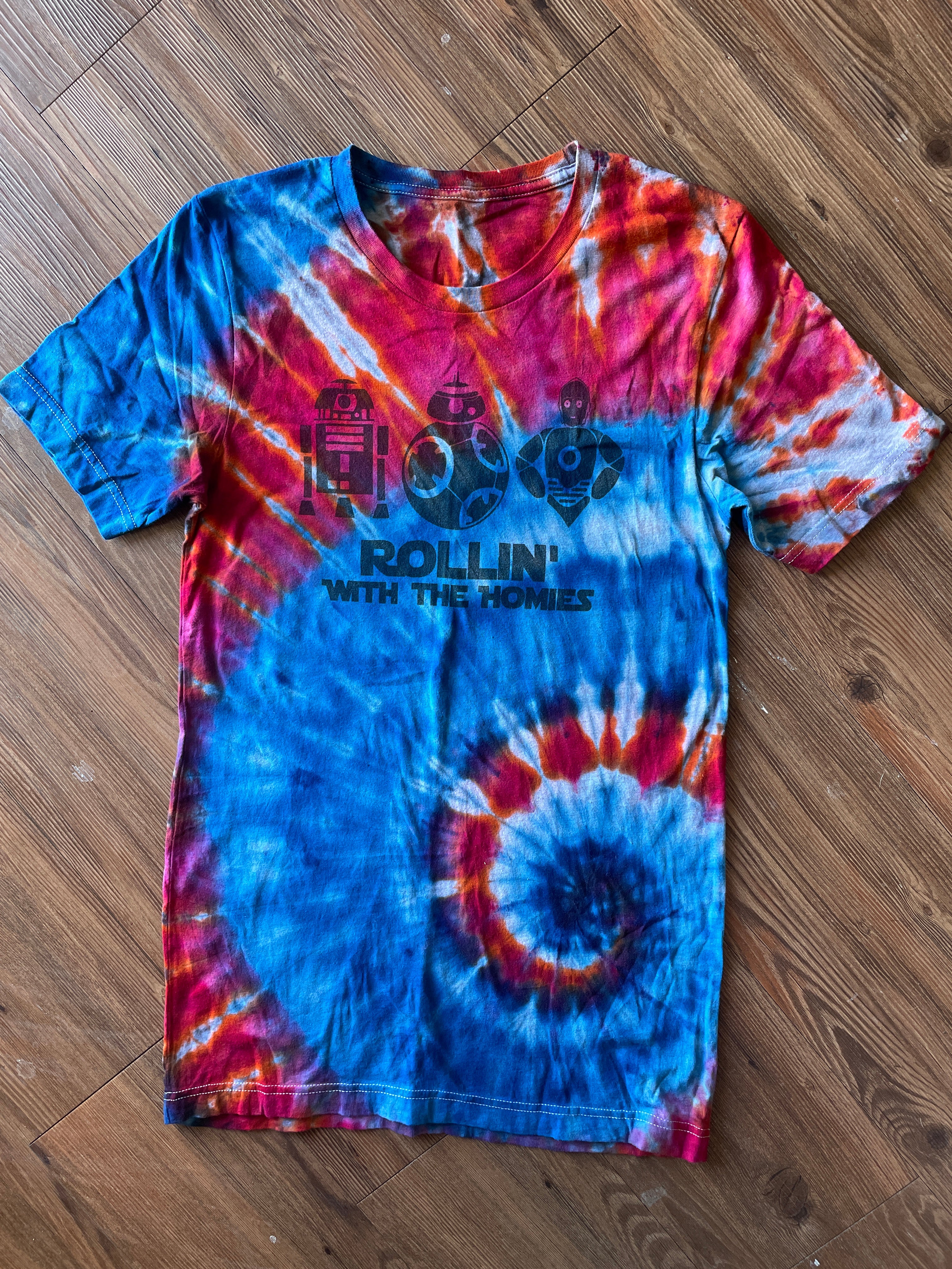 MEDIUM Men’s Star Wars Rollin With My Homies Tie Dye T-Shirt | R2D2 C3P0 Bb-8 Ice Dye Tie Dye Short Sleeve