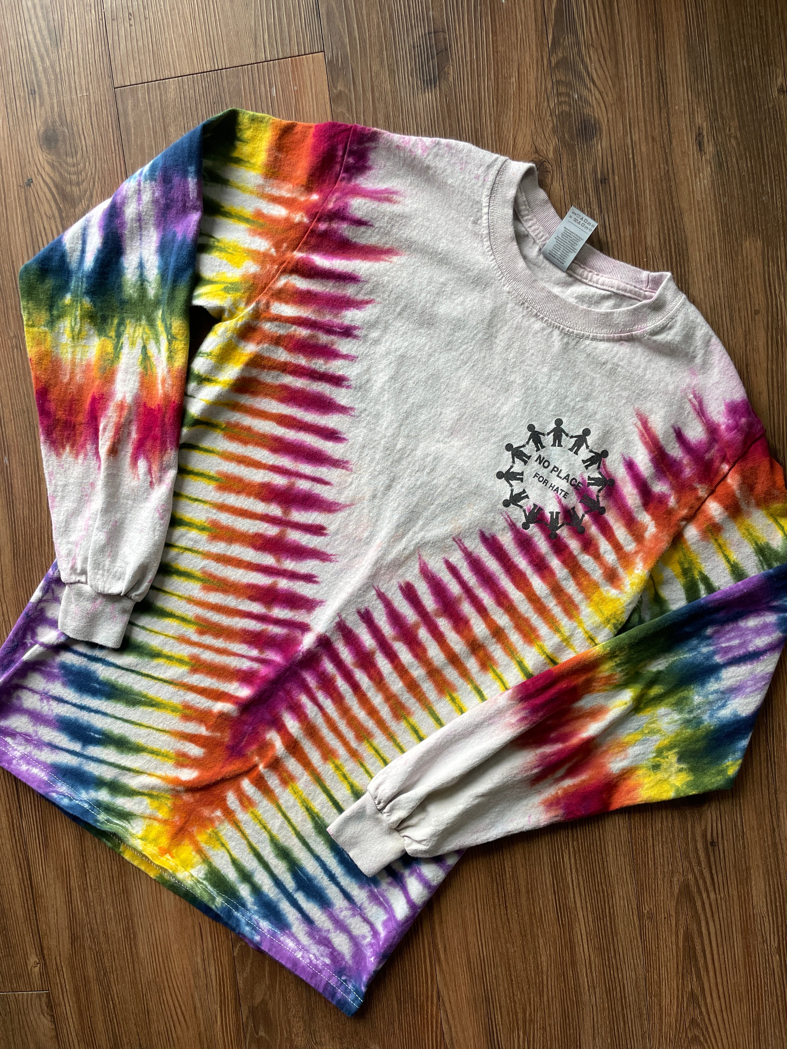 Small Men’s No Place for Hate Be Kind Handmade Tie Dye T-Shirt | Earthy Rainbow V-Pleated Tie Dye Long Sleeve
