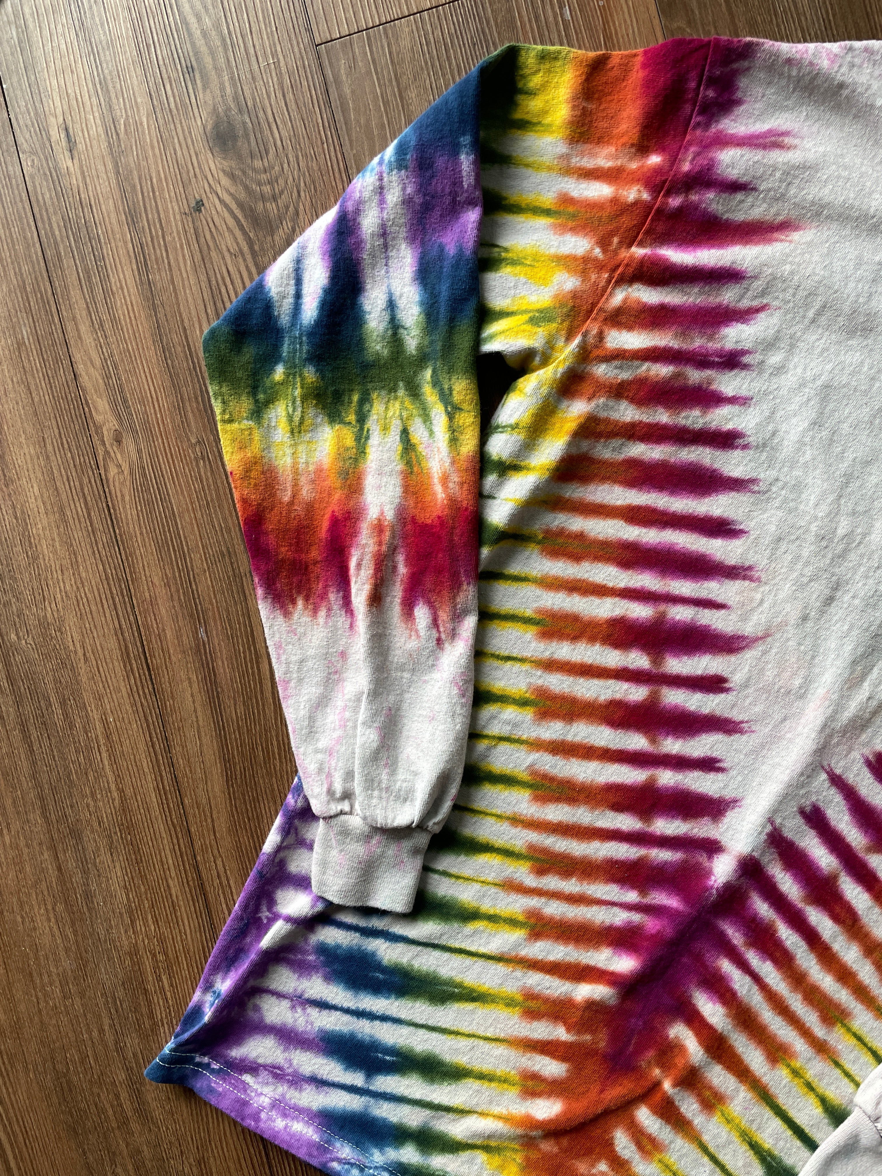 Small Men’s No Place for Hate Be Kind Handmade Tie Dye T-Shirt | Earthy Rainbow V-Pleated Tie Dye Long Sleeve