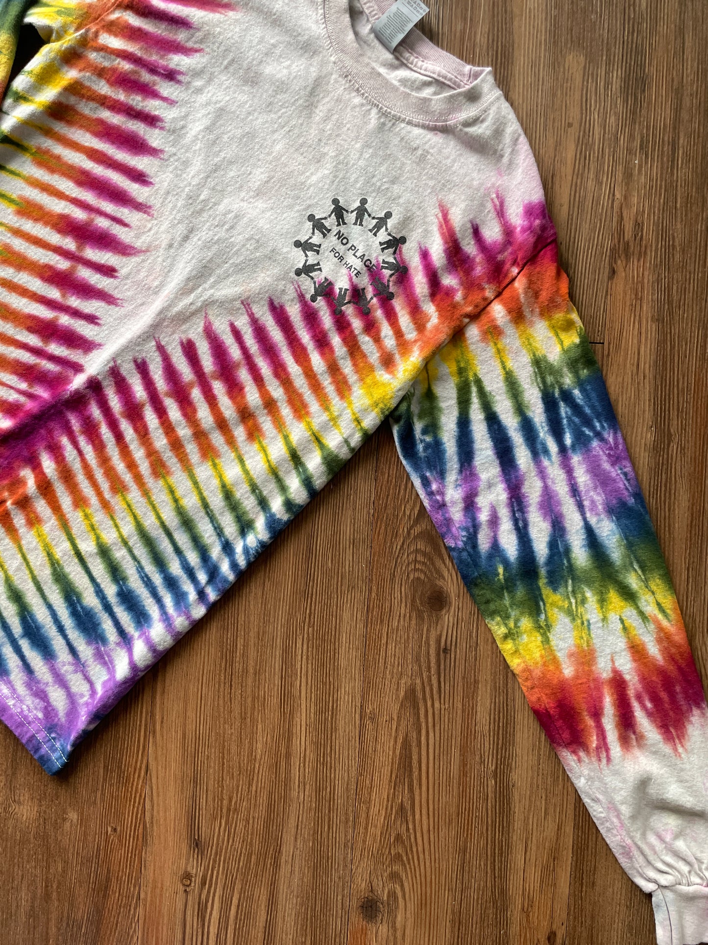 Small Men’s No Place for Hate Be Kind Handmade Tie Dye T-Shirt | Earthy Rainbow V-Pleated Tie Dye Long Sleeve