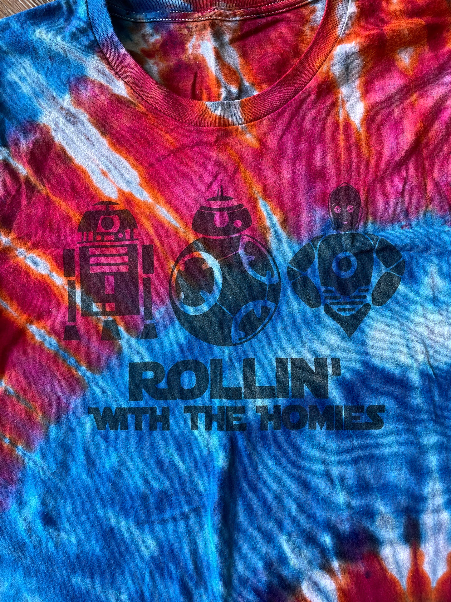 MEDIUM Men’s Star Wars Rollin With My Homies Tie Dye T-Shirt | R2D2 C3P0 Bb-8 Ice Dye Tie Dye Short Sleeve