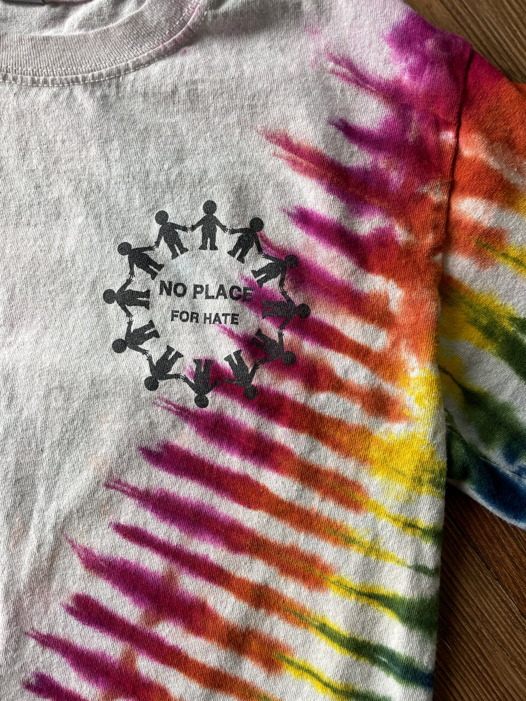 Small Men’s No Place for Hate Be Kind Handmade Tie Dye T-Shirt | Earthy Rainbow V-Pleated Tie Dye Long Sleeve