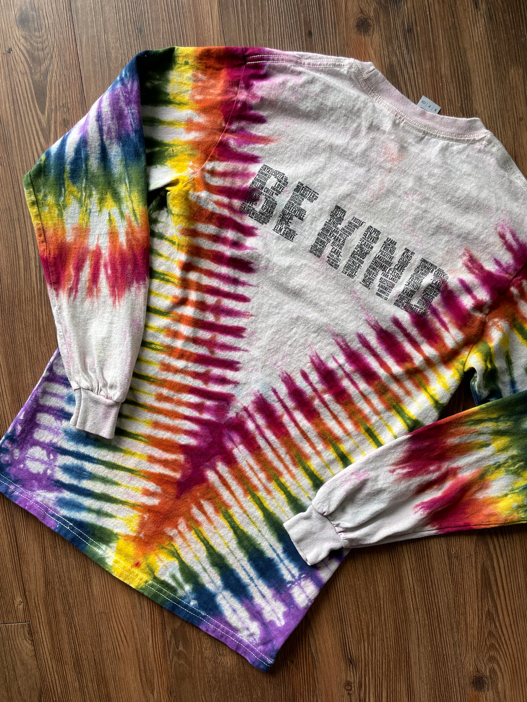 Small Men’s No Place for Hate Be Kind Handmade Tie Dye T-Shirt | Earthy Rainbow V-Pleated Tie Dye Long Sleeve