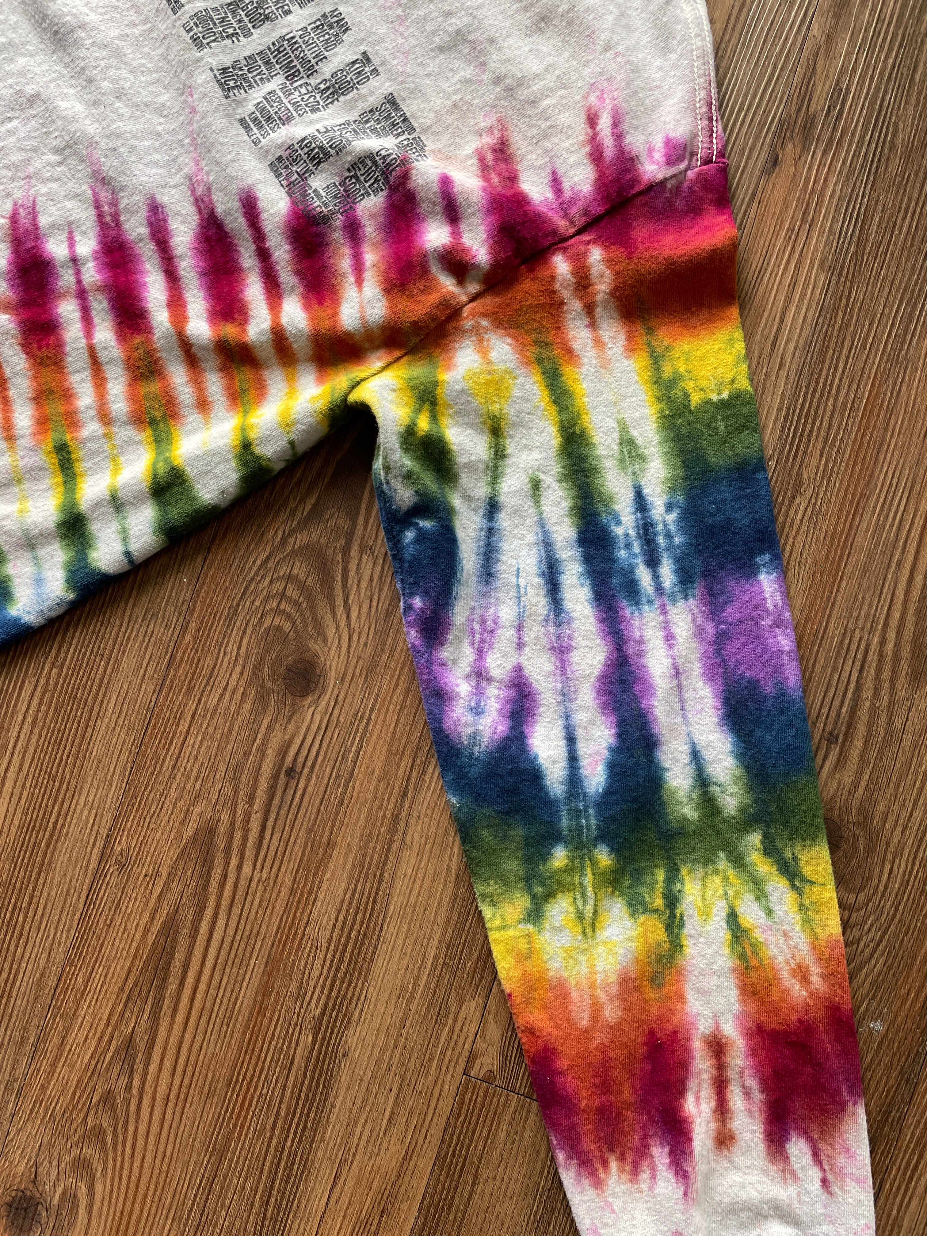 Small Men’s No Place for Hate Be Kind Handmade Tie Dye T-Shirt | Earthy Rainbow V-Pleated Tie Dye Long Sleeve