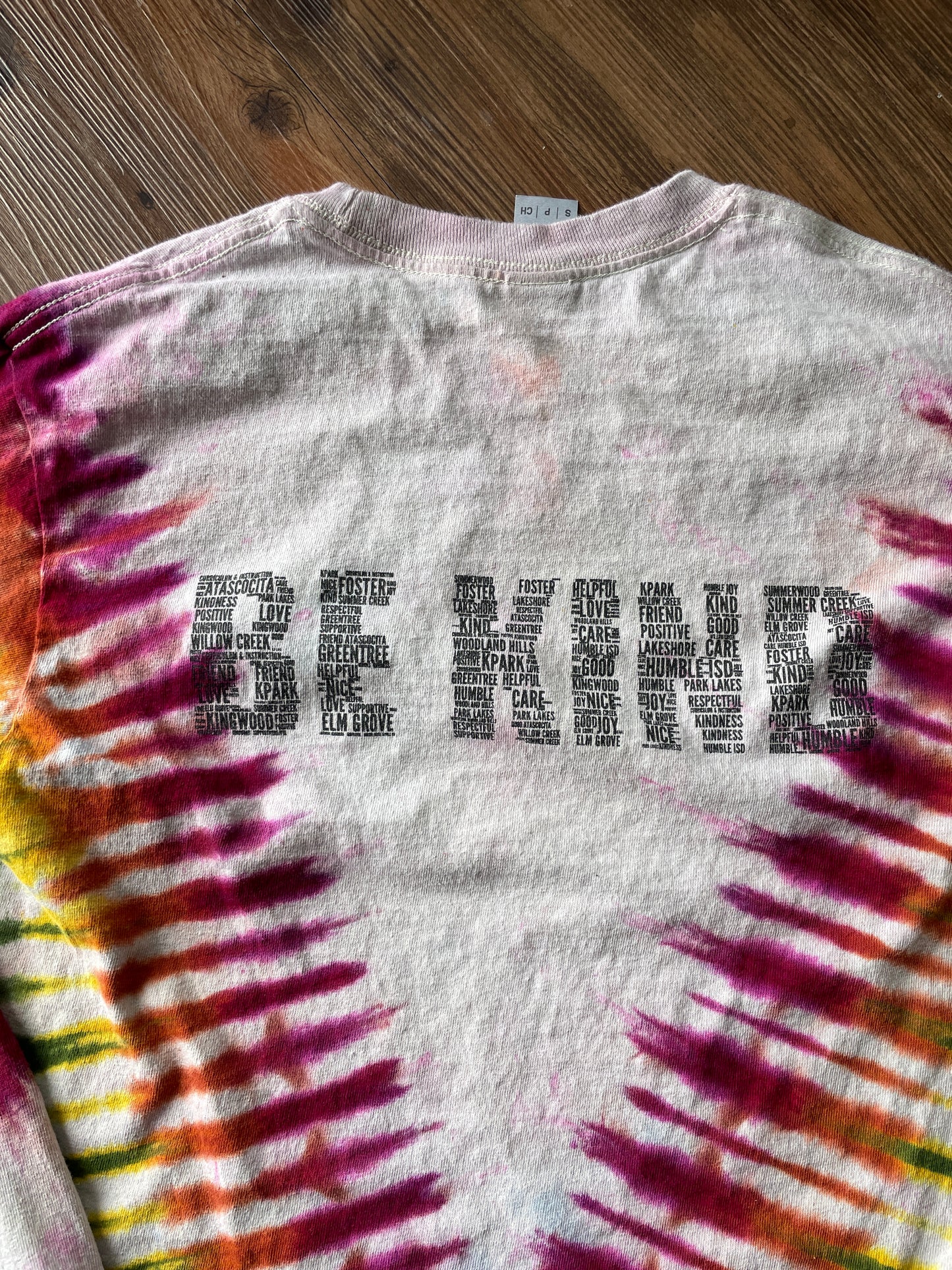 Small Men’s No Place for Hate Be Kind Handmade Tie Dye T-Shirt | Earthy Rainbow V-Pleated Tie Dye Long Sleeve