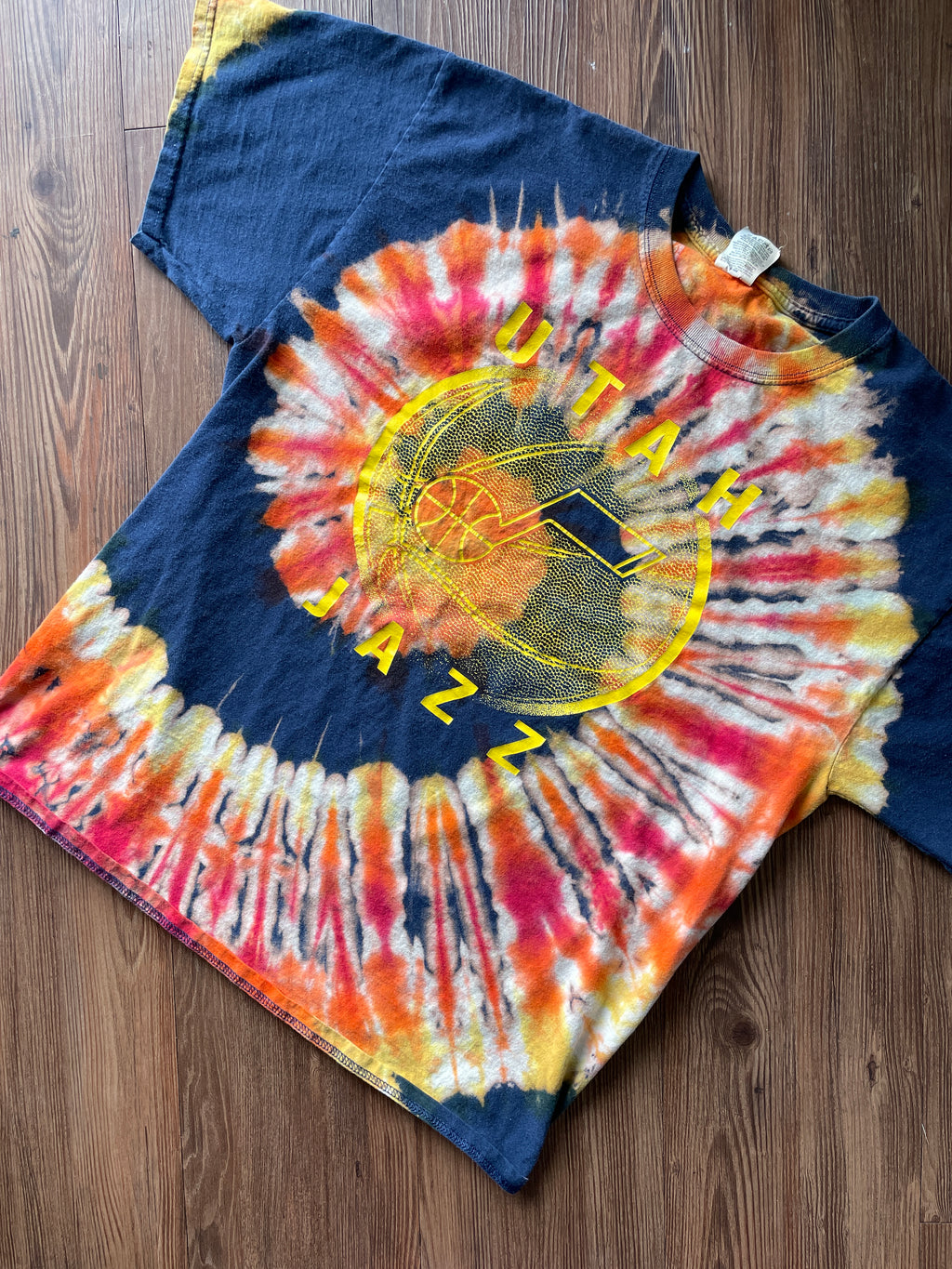 Large Men’s Utah Jazz Handmade Reverse Tie Dye T-Shirt |Blue, Red, and Yellow Spiral Tie Dye Short Sleeve