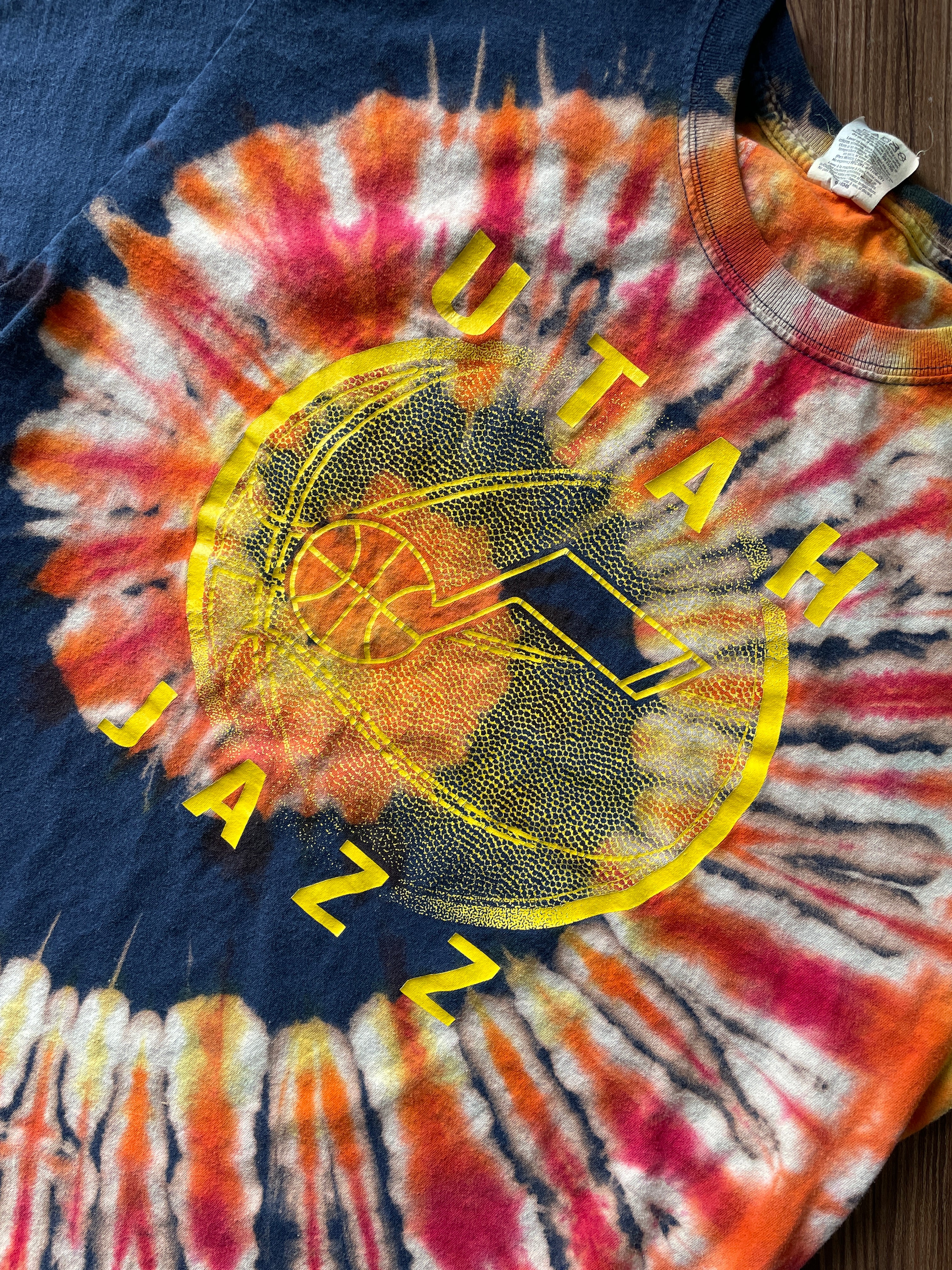 Large Men’s Utah Jazz Handmade Reverse Tie Dye T-Shirt |Blue, Red, and Yellow Spiral Tie Dye Short Sleeve