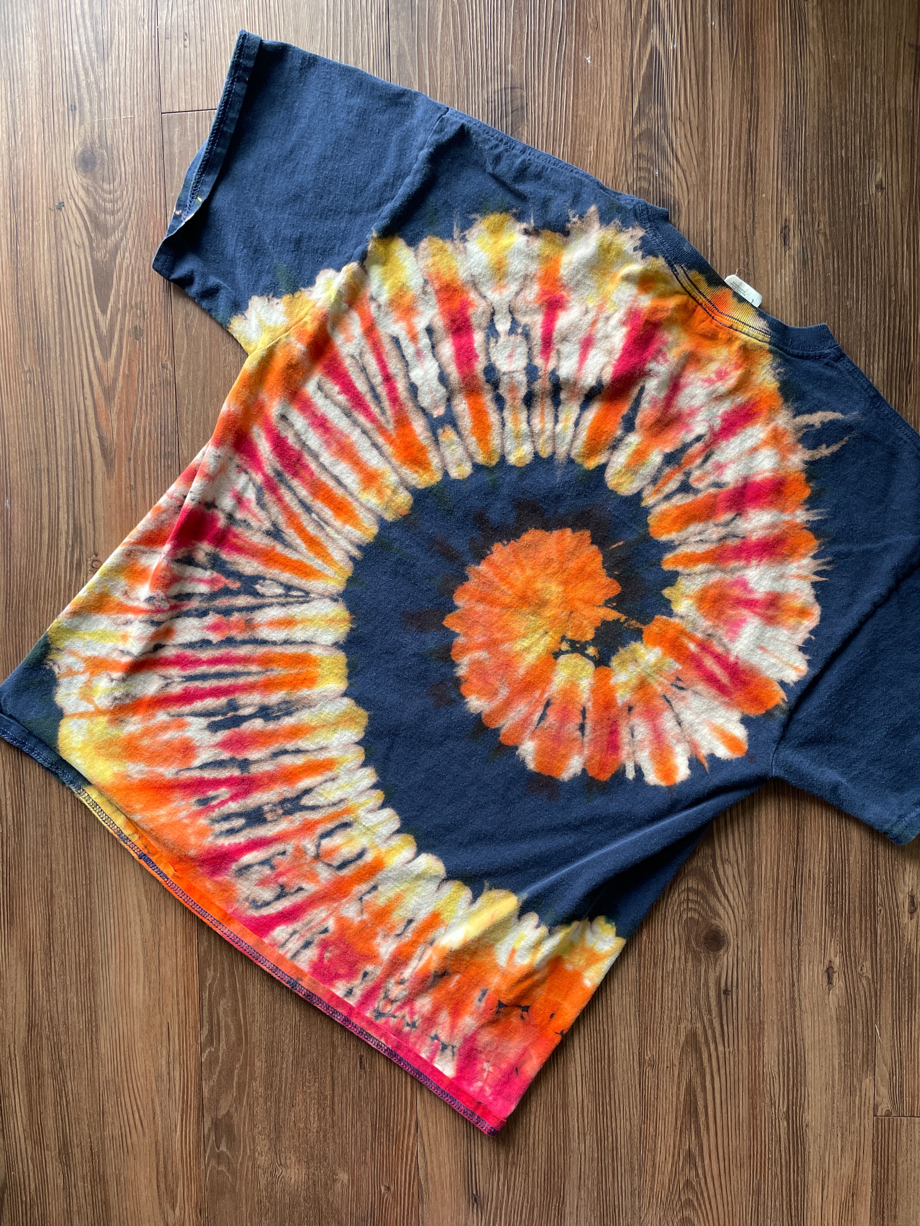 Large Men’s Utah Jazz Handmade Reverse Tie Dye T-Shirt |Blue, Red, and Yellow Spiral Tie Dye Short Sleeve