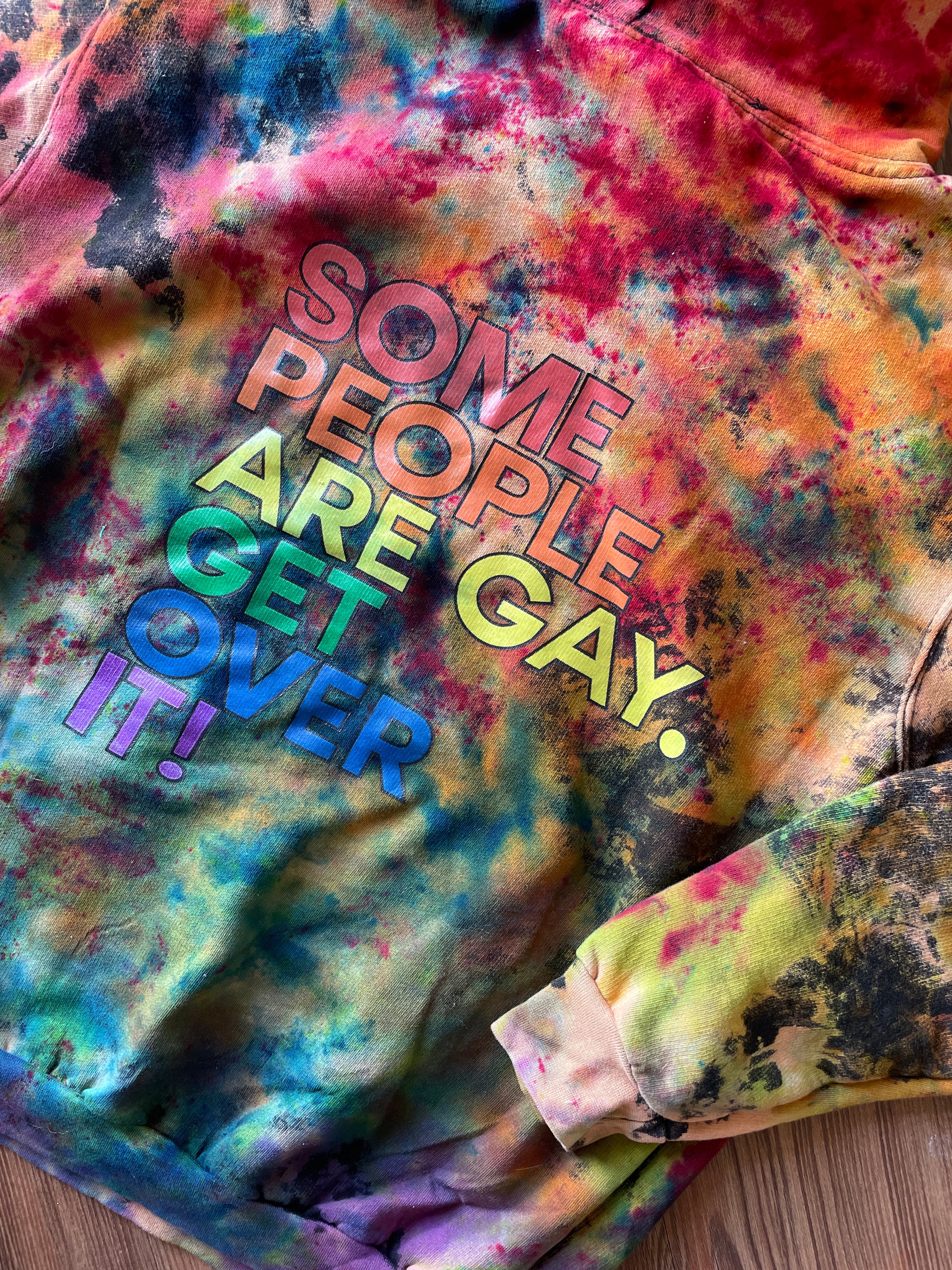 MEDIUM Men’s Some People Are Gay Get Over It! Reverse Tie Dye Sweatshirt | Rainbow LGBTQIA+ Pride Bleach Dye Hoodie