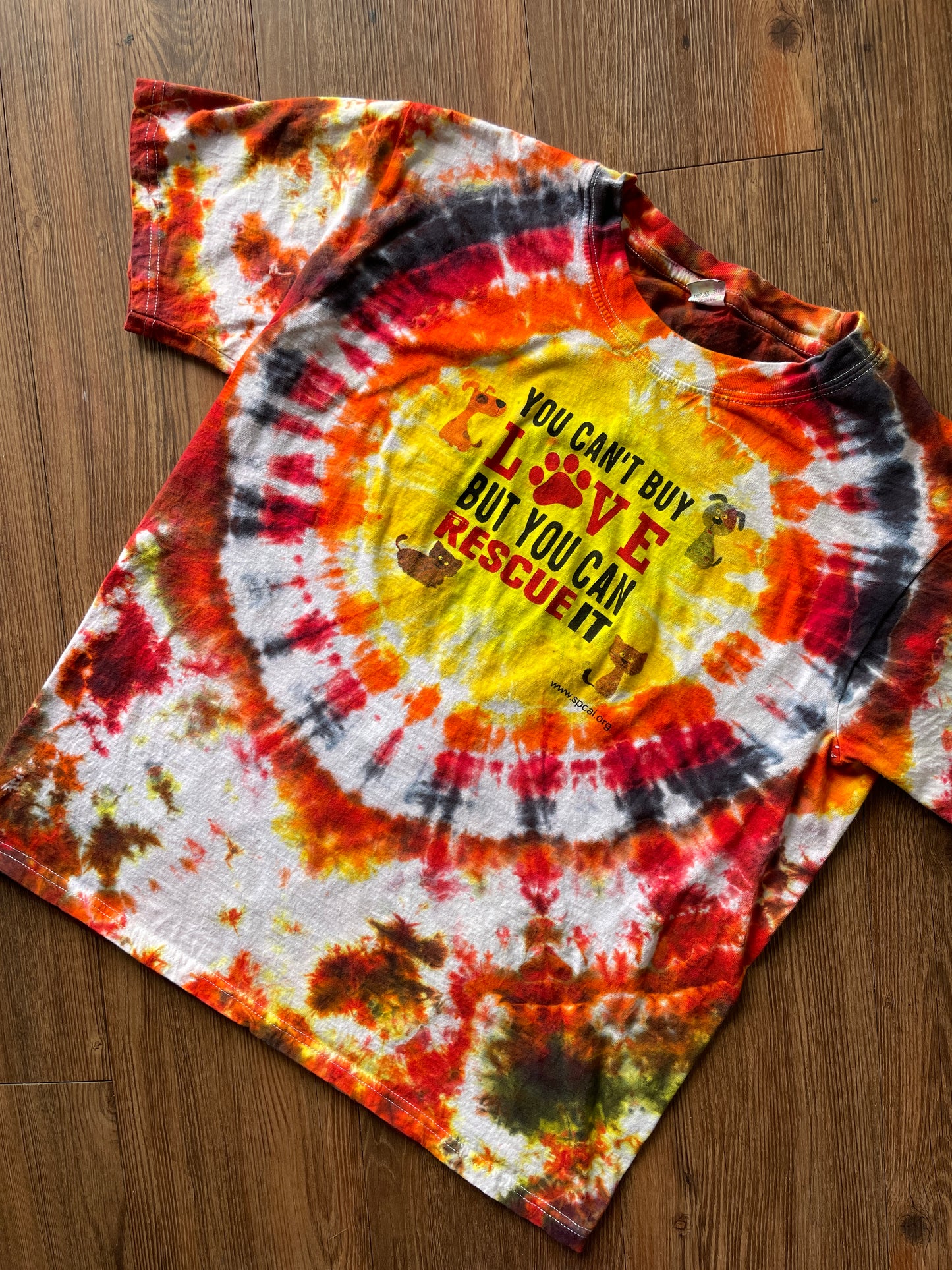 Large Men’s You Can't Buy Love But You Can Rescue It Handmade Tie Dye T-Shirt | Red, Orange, and Yellow Crumpled Tie Dye Short Sleeve