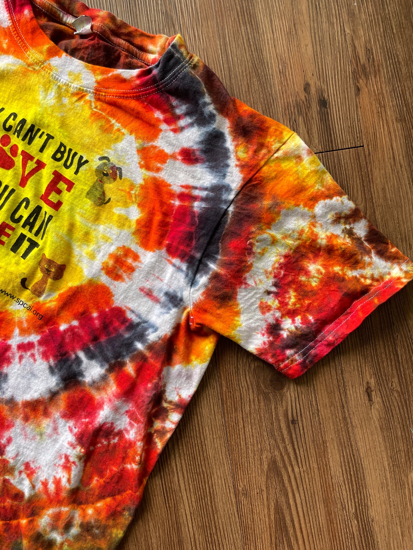 Large Men’s You Can't Buy Love But You Can Rescue It Handmade Tie Dye T-Shirt | Red, Orange, and Yellow Crumpled Tie Dye Short Sleeve