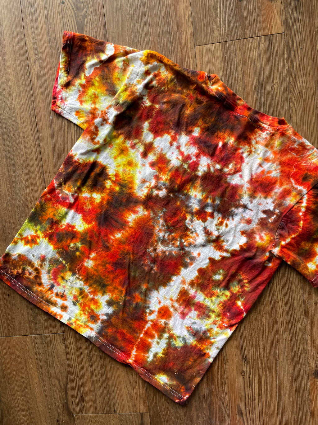 Large Men’s You Can't Buy Love But You Can Rescue It Handmade Tie Dye T-Shirt | Red, Orange, and Yellow Crumpled Tie Dye Short Sleeve