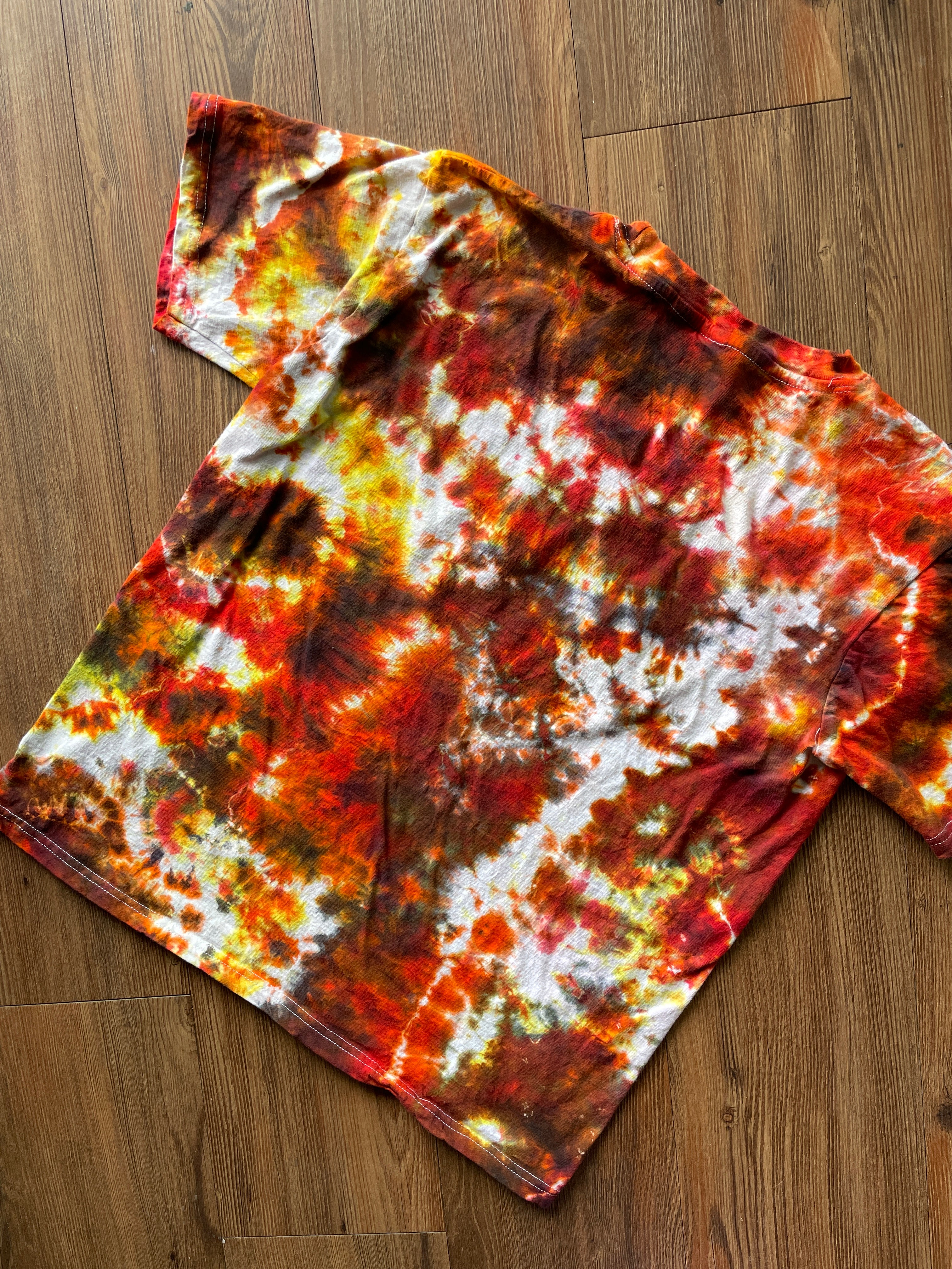Large Men’s You Can't Buy Love But You Can Rescue It Handmade Tie Dye T-Shirt | Red, Orange, and Yellow Crumpled Tie Dye Short Sleeve