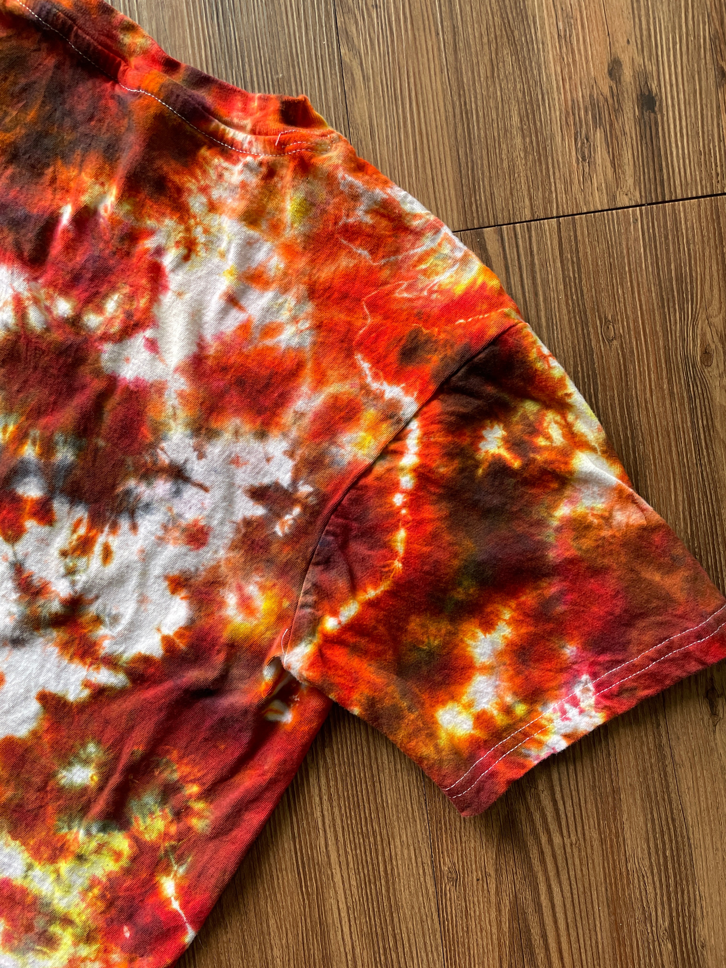 Large Men’s You Can't Buy Love But You Can Rescue It Handmade Tie Dye T-Shirt | Red, Orange, and Yellow Crumpled Tie Dye Short Sleeve