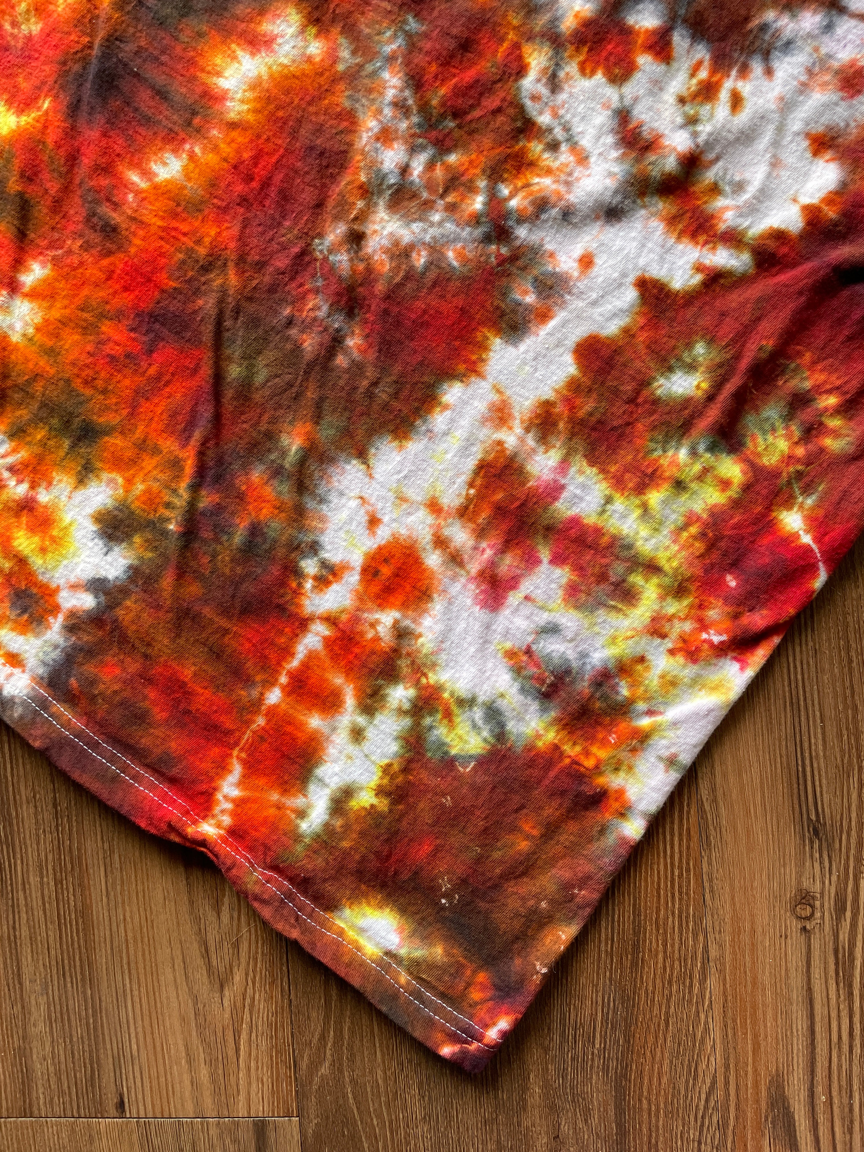 Large Men’s You Can't Buy Love But You Can Rescue It Handmade Tie Dye T-Shirt | Red, Orange, and Yellow Crumpled Tie Dye Short Sleeve