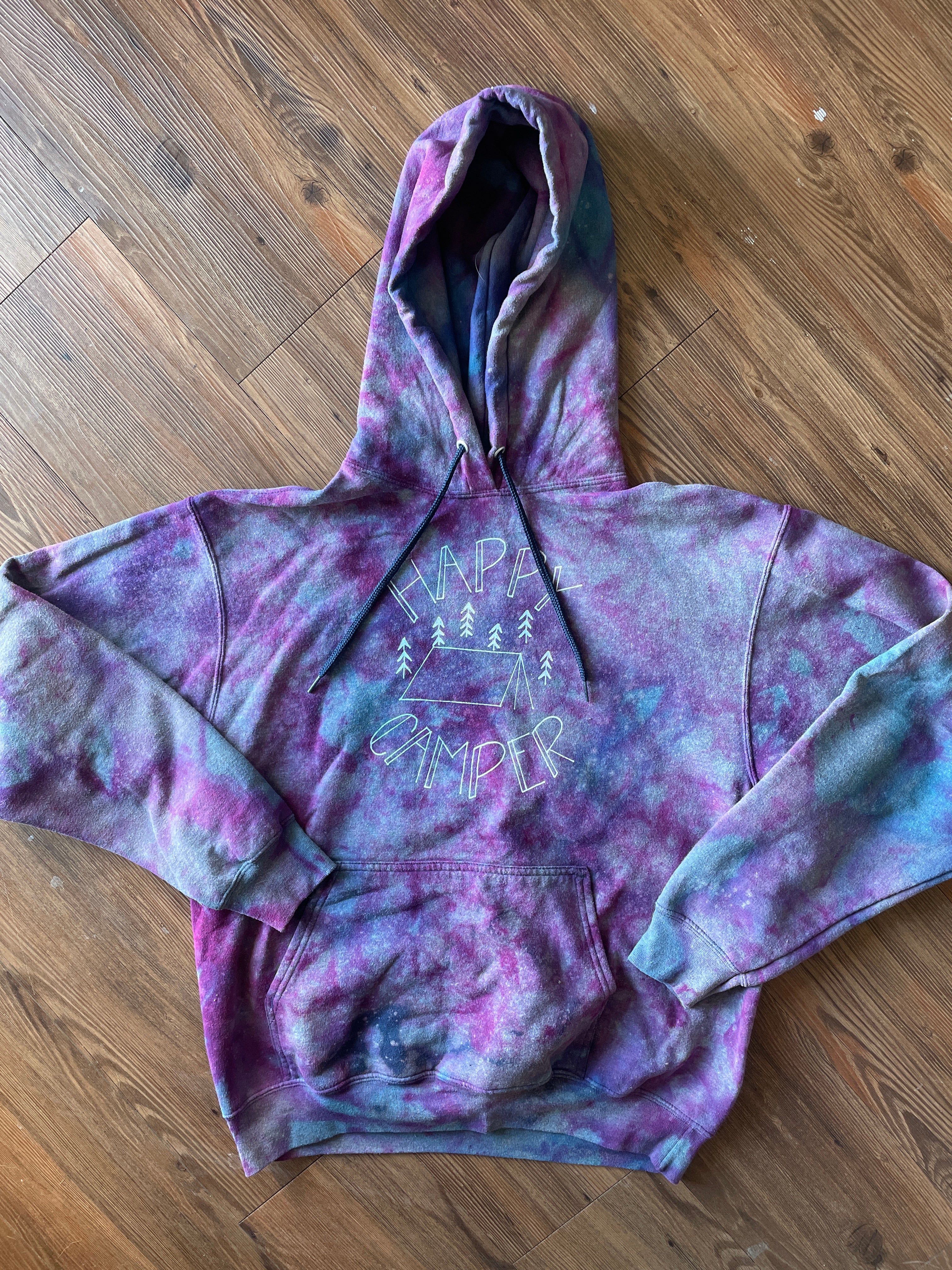 MEDIUM Men’s Happy Camper Galaxy Tie Dye Sweatshirt | Pastel Purple Ice Dye Hoodie