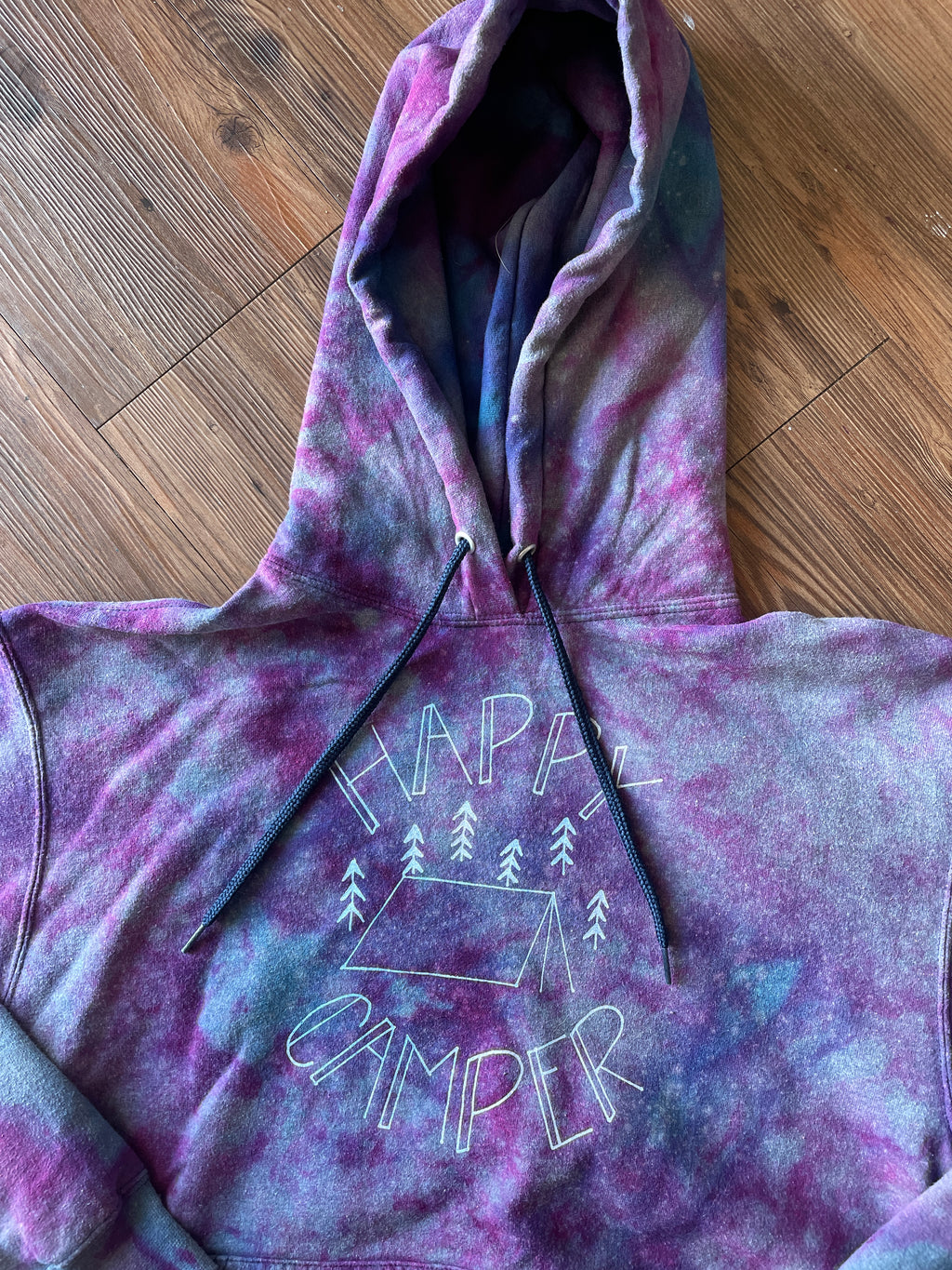 MEDIUM Men’s Happy Camper Galaxy Tie Dye Sweatshirt | Pastel Purple Ice Dye Hoodie