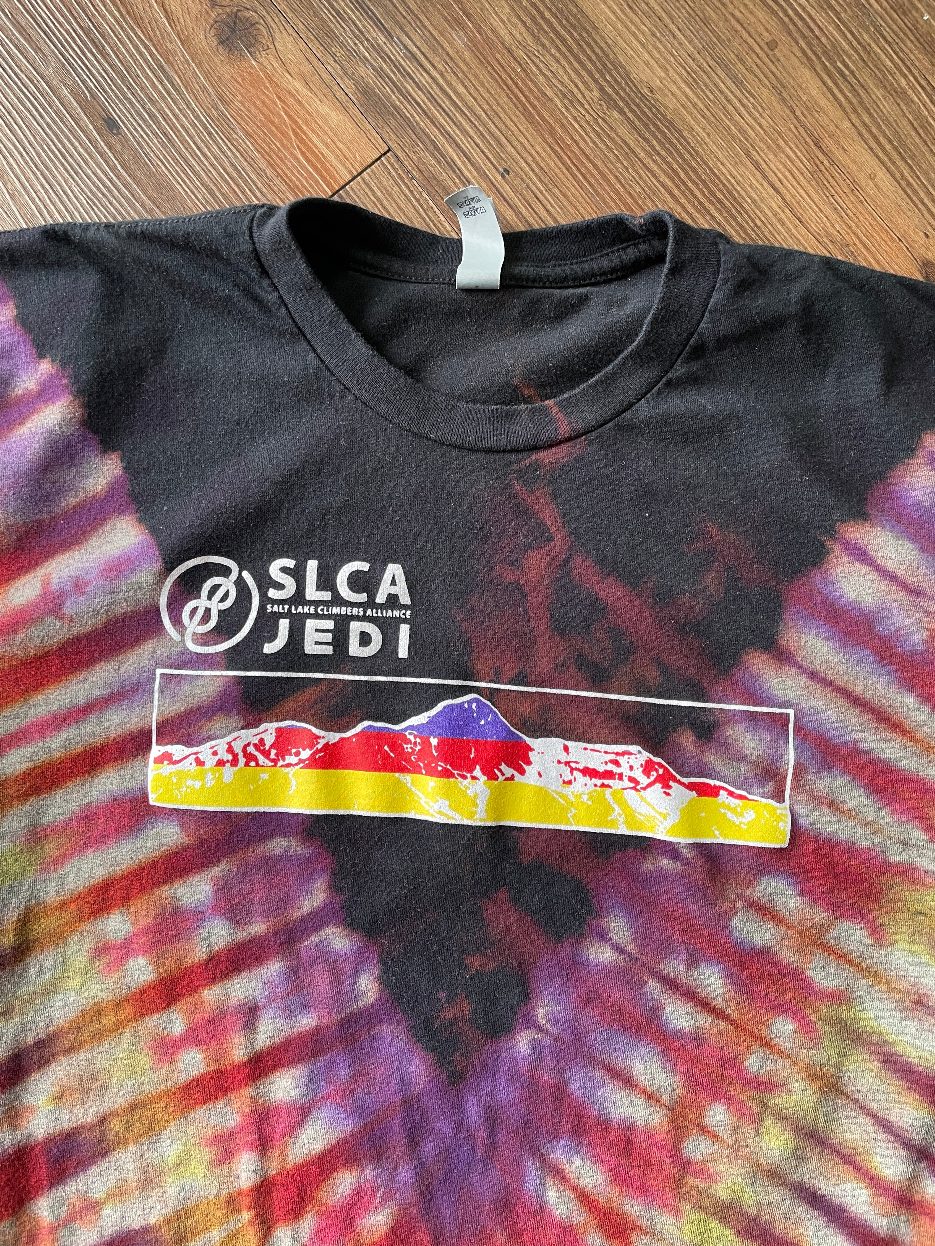 Medium Men’s SLCA Climbing Jedi Handmade Tie Dye T-Shirt | Black, Red, and Purple V-Pleated Tie Dye Short Sleeve